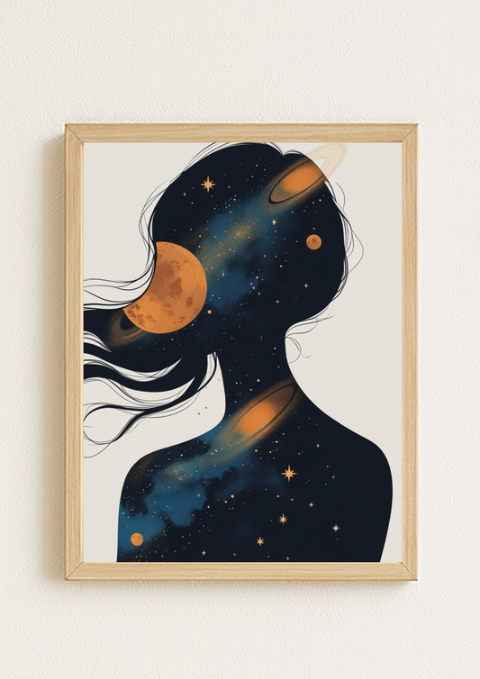Affiche décorative femme cosmique – Silhouette astrale et univers – Art mural bohème