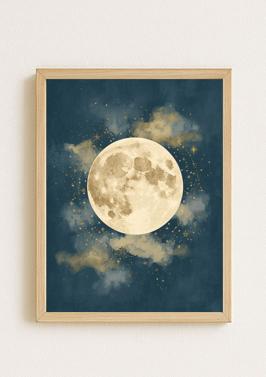 Affiche lune pleine – Illustration céleste minimaliste – Décoration murale