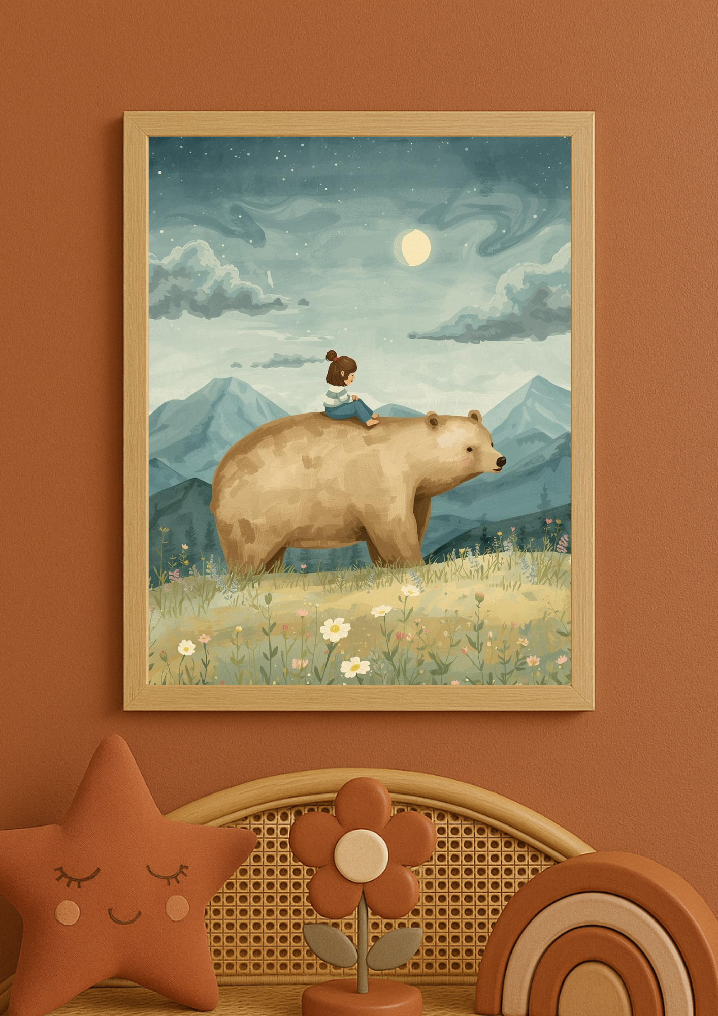 Affiche enfant et ours sous la lune – illustration chambre bébé - Univers poétique et minimaliste