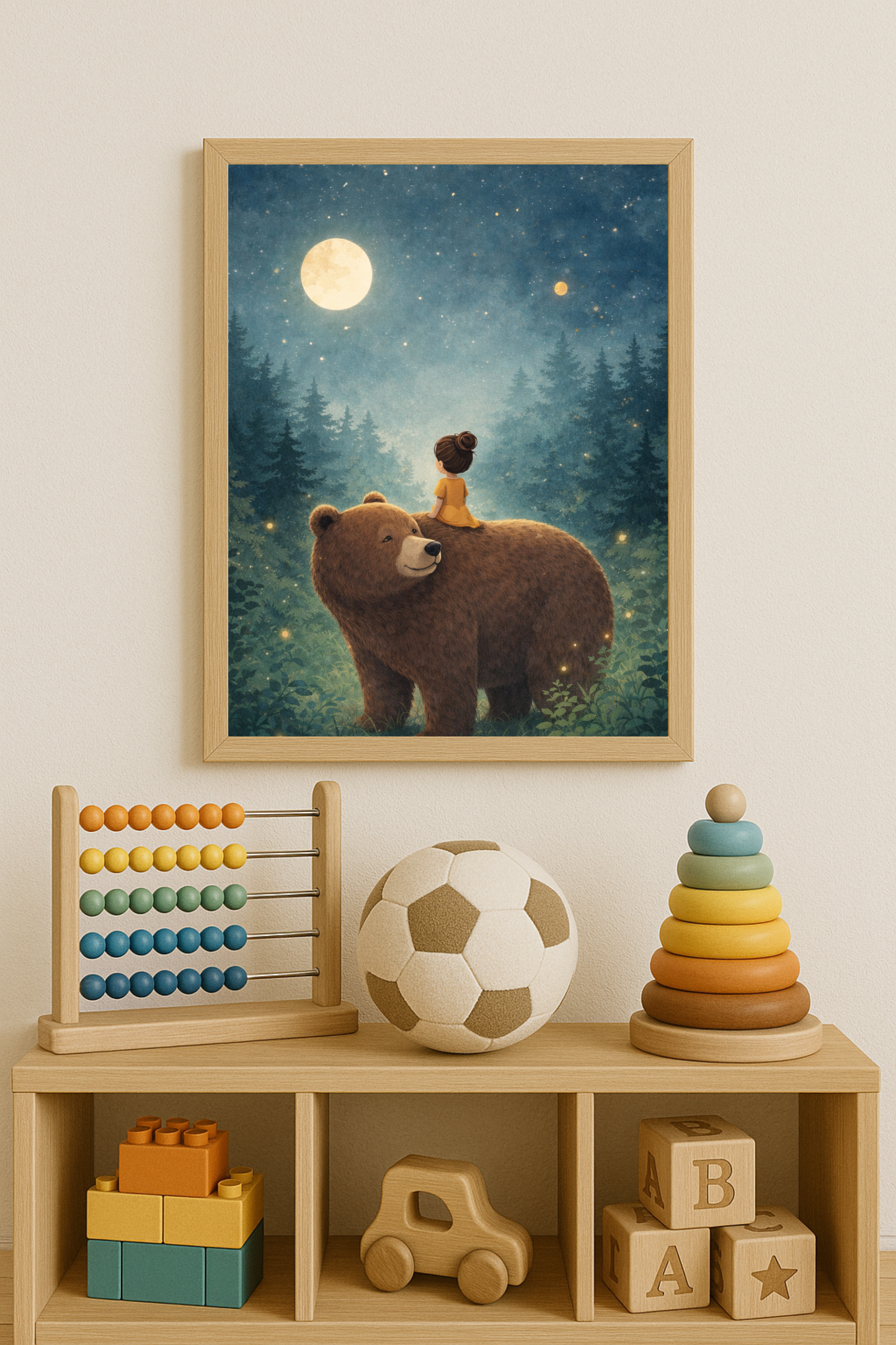Affiche enfant fille et ours sous la lune – illustration chambre bébé - Univers poétique et minimaliste