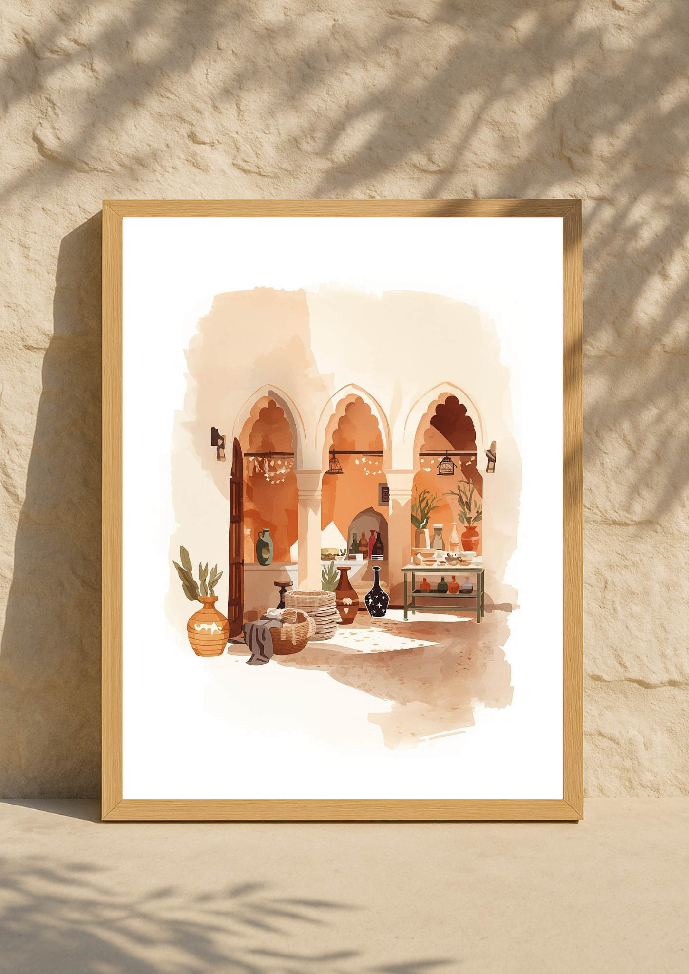 Affiche patio marocain – arches orientales et artisanat – décoration murale chaleureuse
