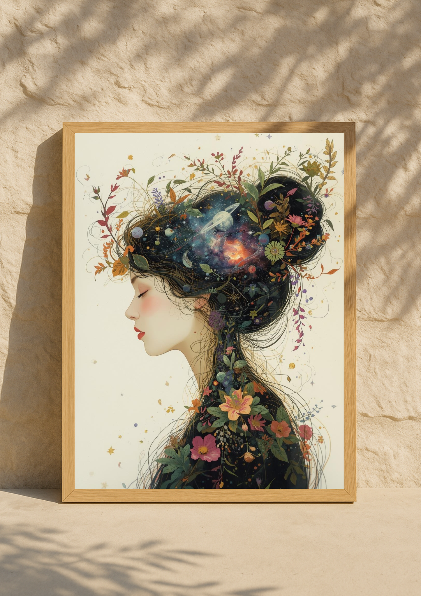 Affiche femme cosmique florale – Art mural bohème et poétique