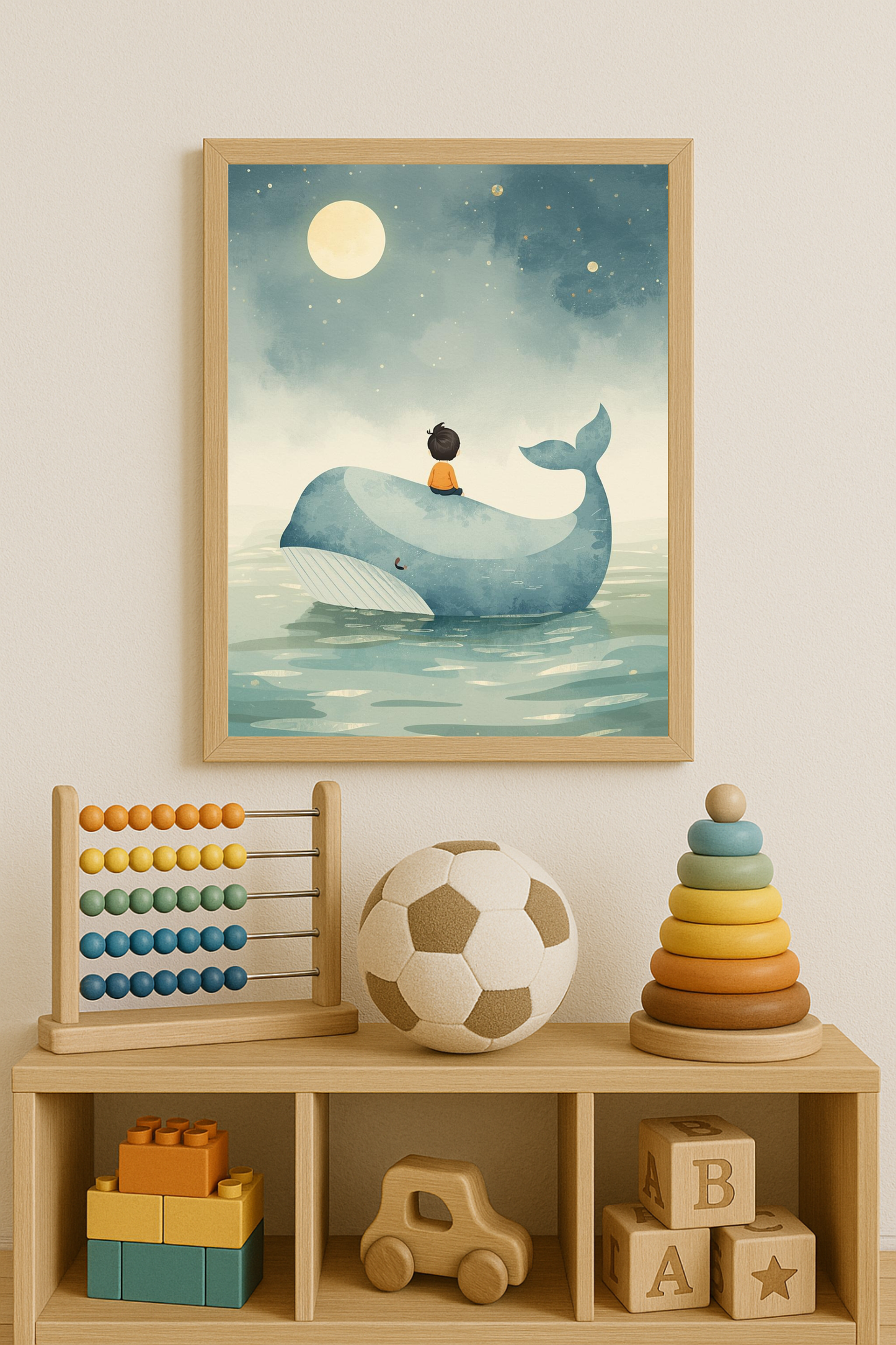 Affiche enfant et baleine sous la lune – illustration chambre bébé - Univers poétique et minimaliste
