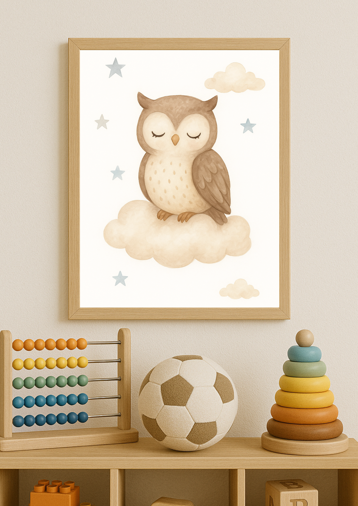 Affiche Hibou Endormi – Aquarelle pour Chambre d'Enfant– illustration chambre bébé - Univers poétique et minimaliste