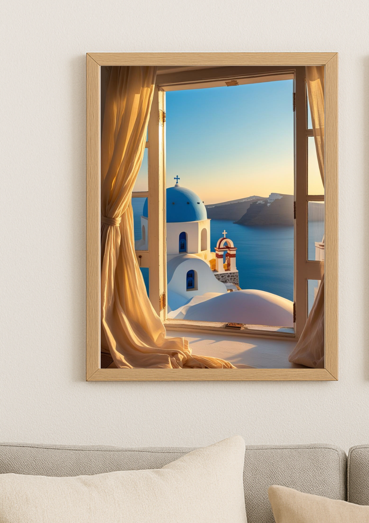Affiche fenêtre sur Santorin au coucher de soleil – vue mer Égée