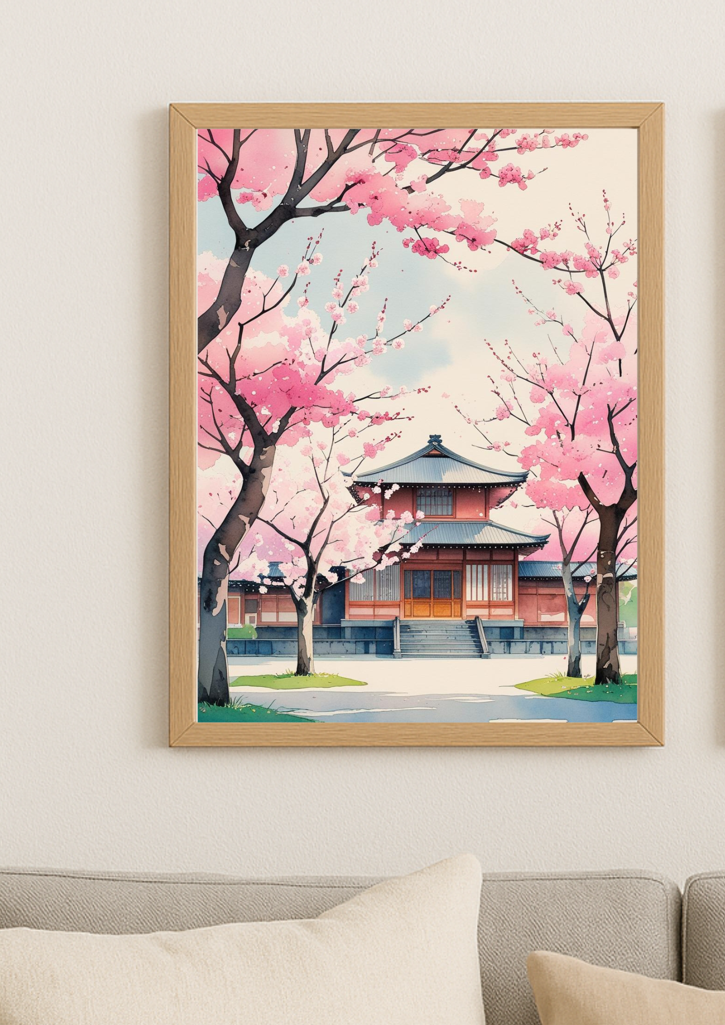 Affiche cerisiers japonais en fleurs – temple traditionnel sakura