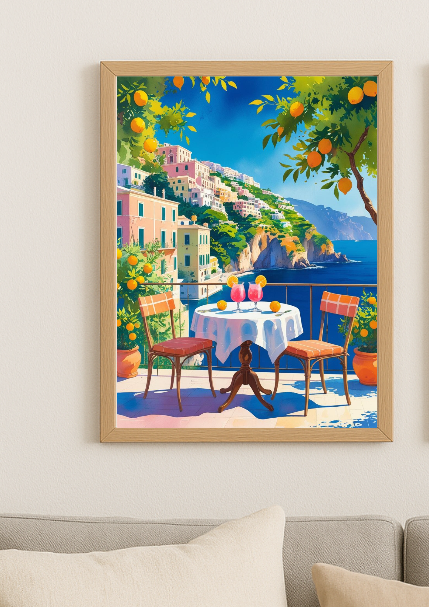 Affiche terrasse méditerranéenne – Vue mer et orangers – Décoration murale