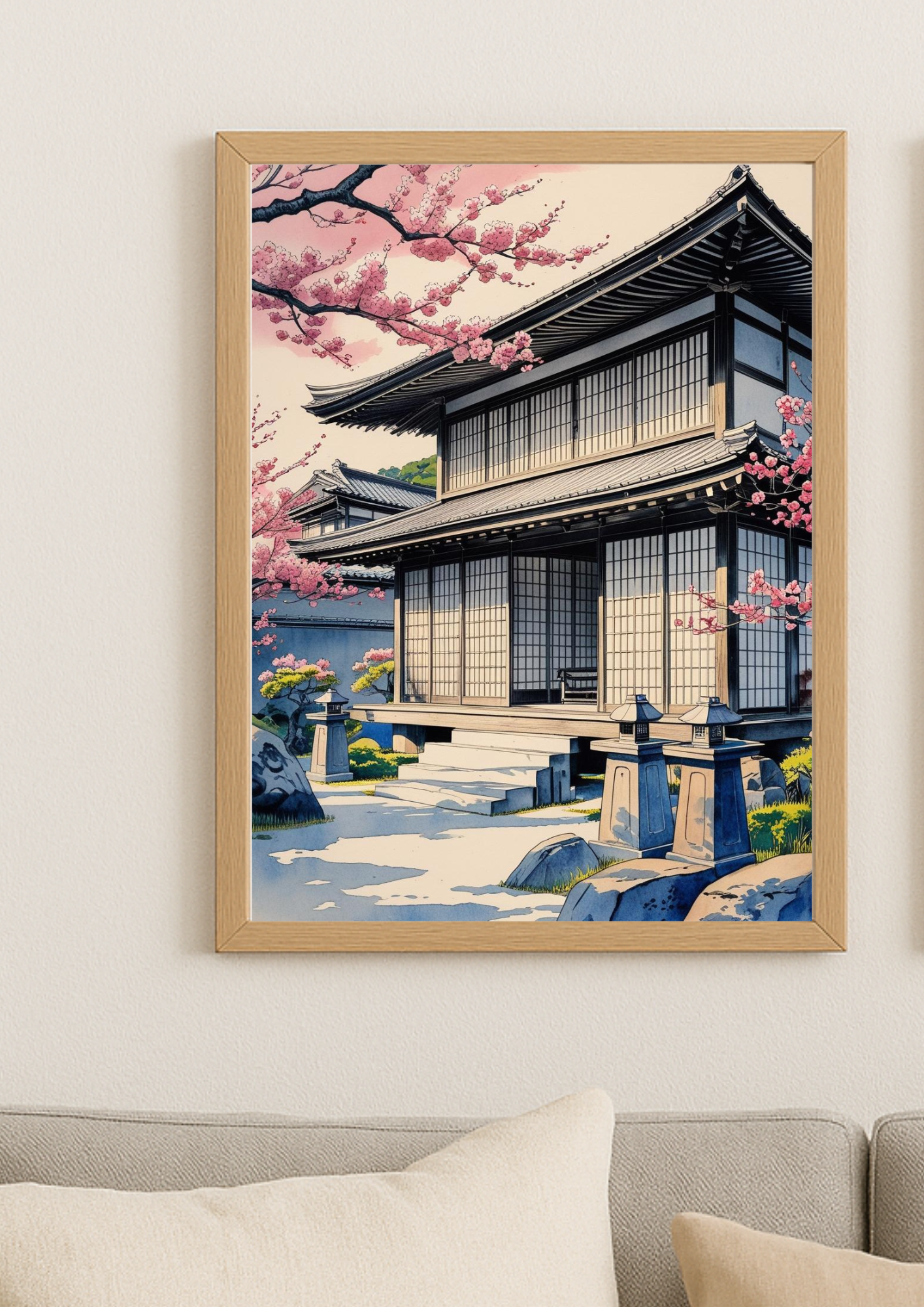 Affiche Kyoto - Maison typique Japonaise - Japon - Fleurs de cerisier