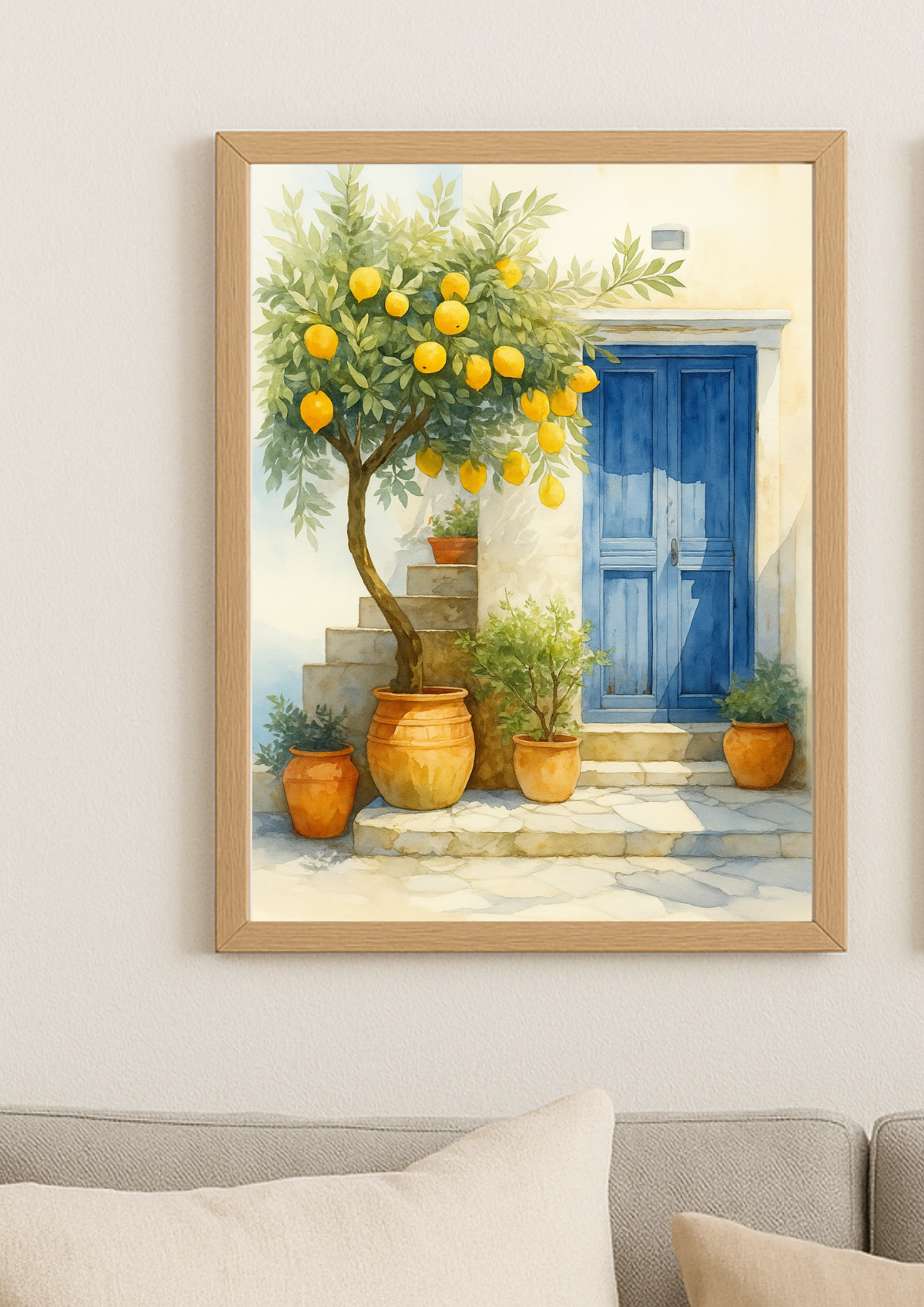 Affiche citronnier méditerranéen aquarelle – porte bleue et pots en terre cuite