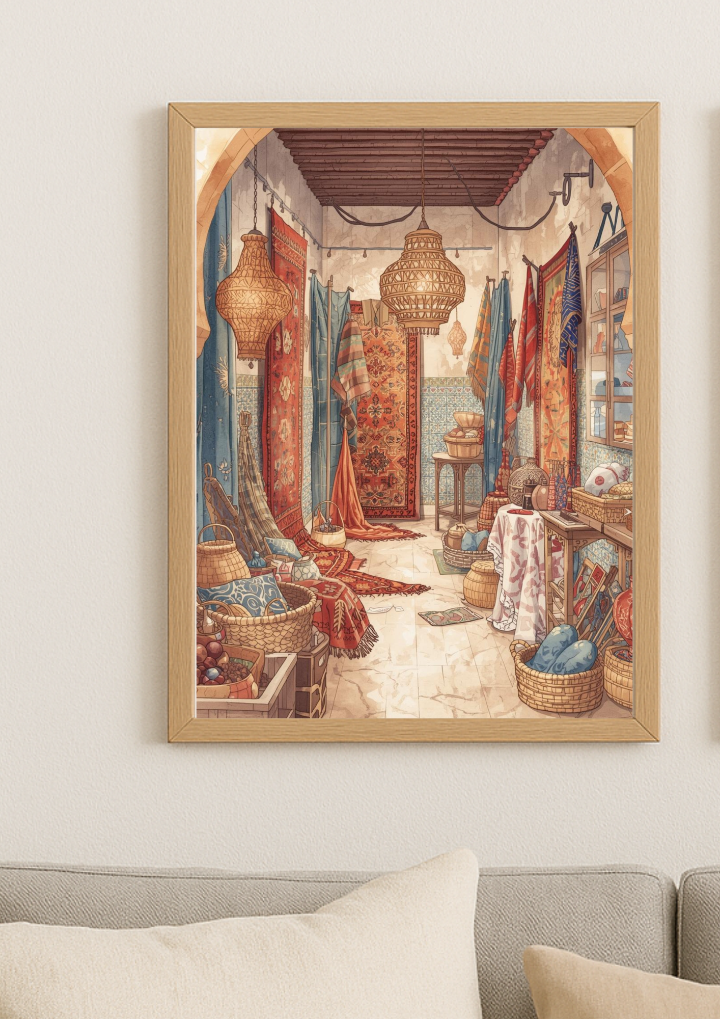Affiche souk oriental – boutique de tapis et lanternes bohème, décoration murale