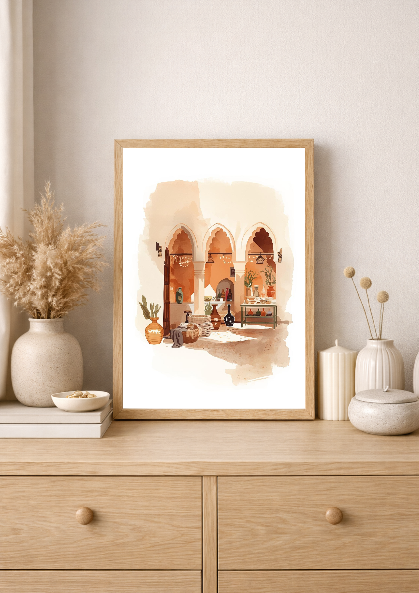 Affiche patio marocain – arches orientales et artisanat – décoration murale chaleureuse
