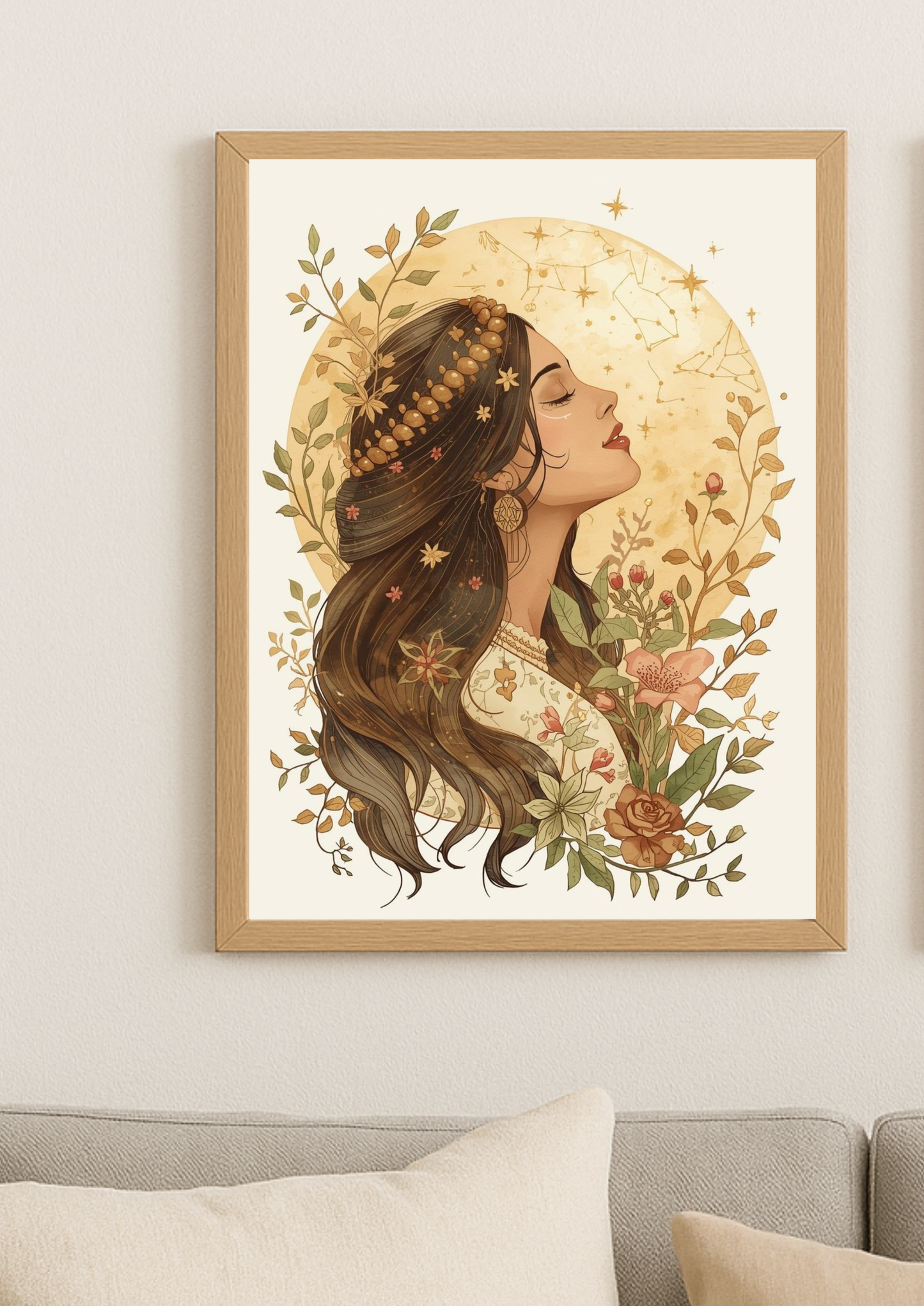 Collection Astrale - Affiche femme bohème et lune dorée – illustration astrologique florale
