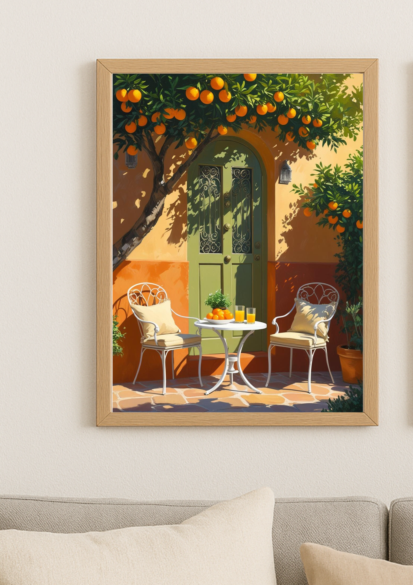 Affiche terrasse méditerranéenne – Orangers et porte verte – Décoration murale style sud