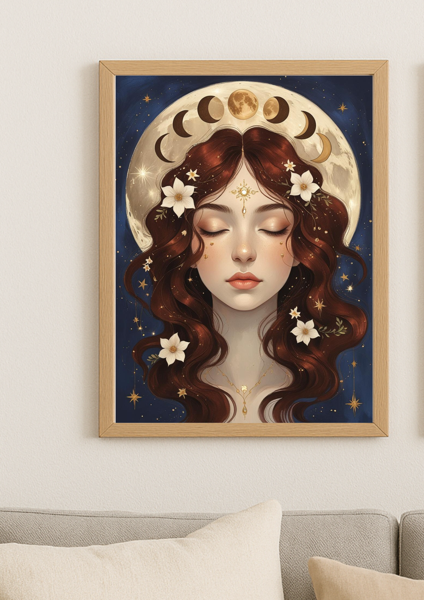 Affiche décorative femme lunaire – Phases de la lune – Art mural bohème spirituel