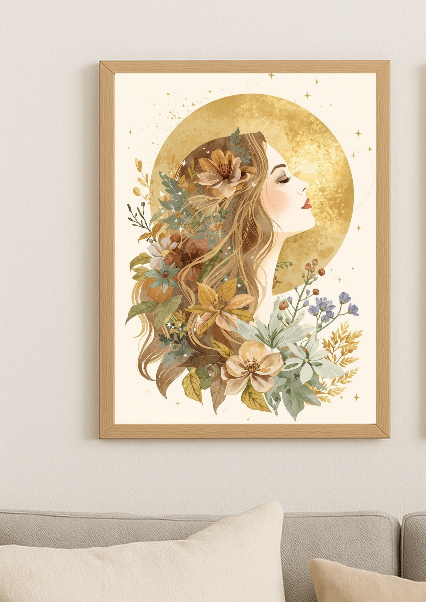 Affiche femme bohème lune dorée - Affiche féminin sacré - art mural mystique floral
