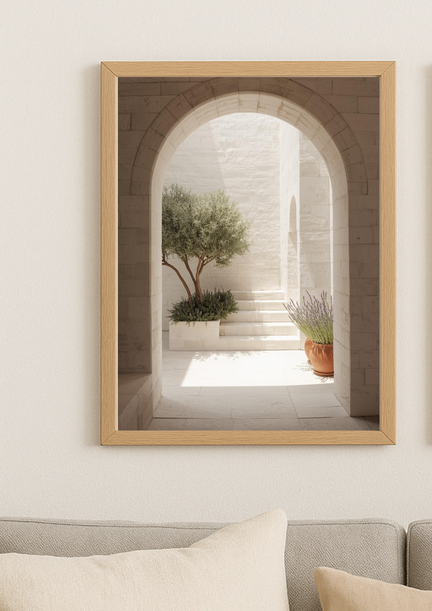 Affiche décoration murale arche en pierre avec olivier et lavande – décoration murale minimaliste beige