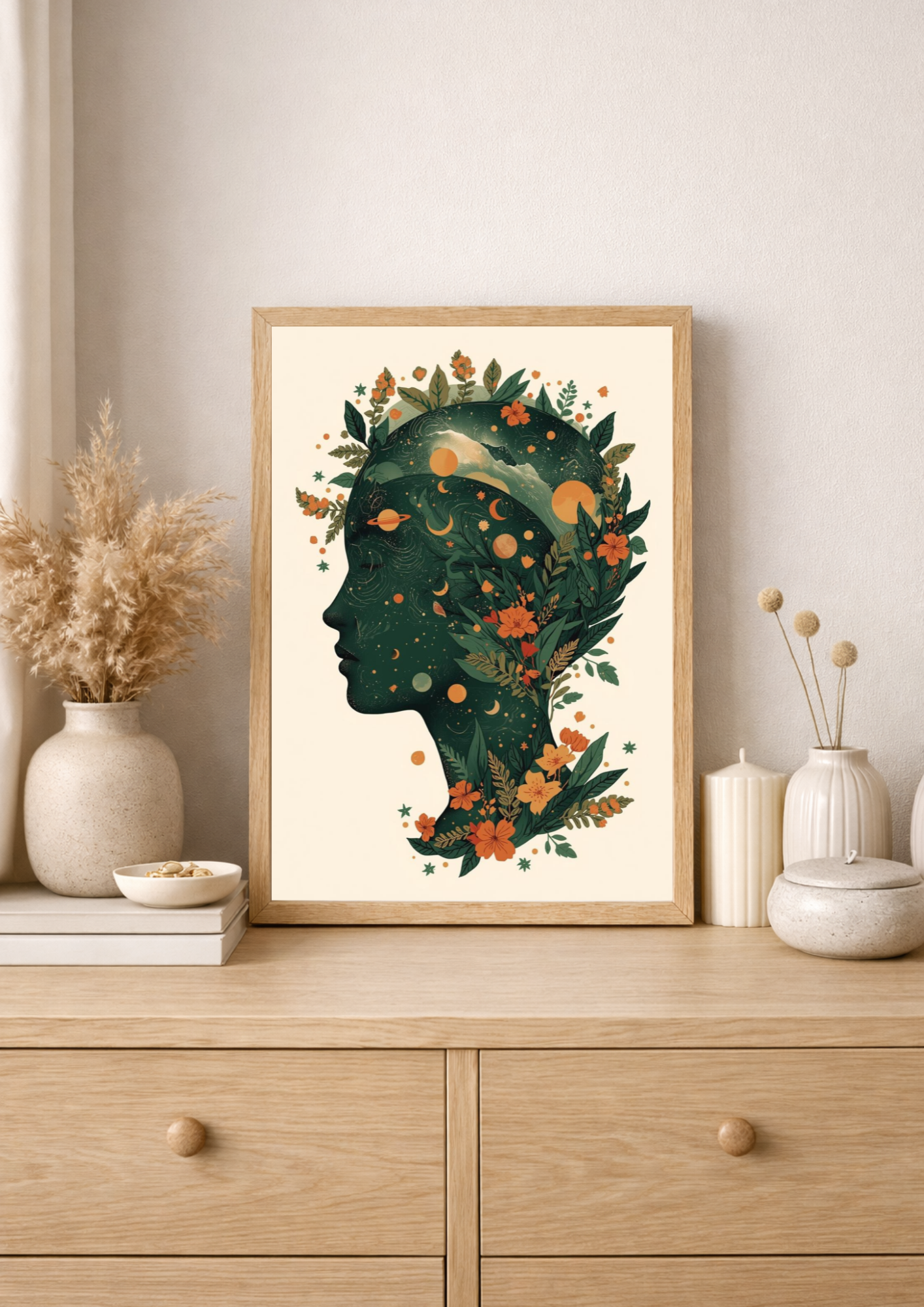 Affiche femme astrale florale – Art mural bohème nature