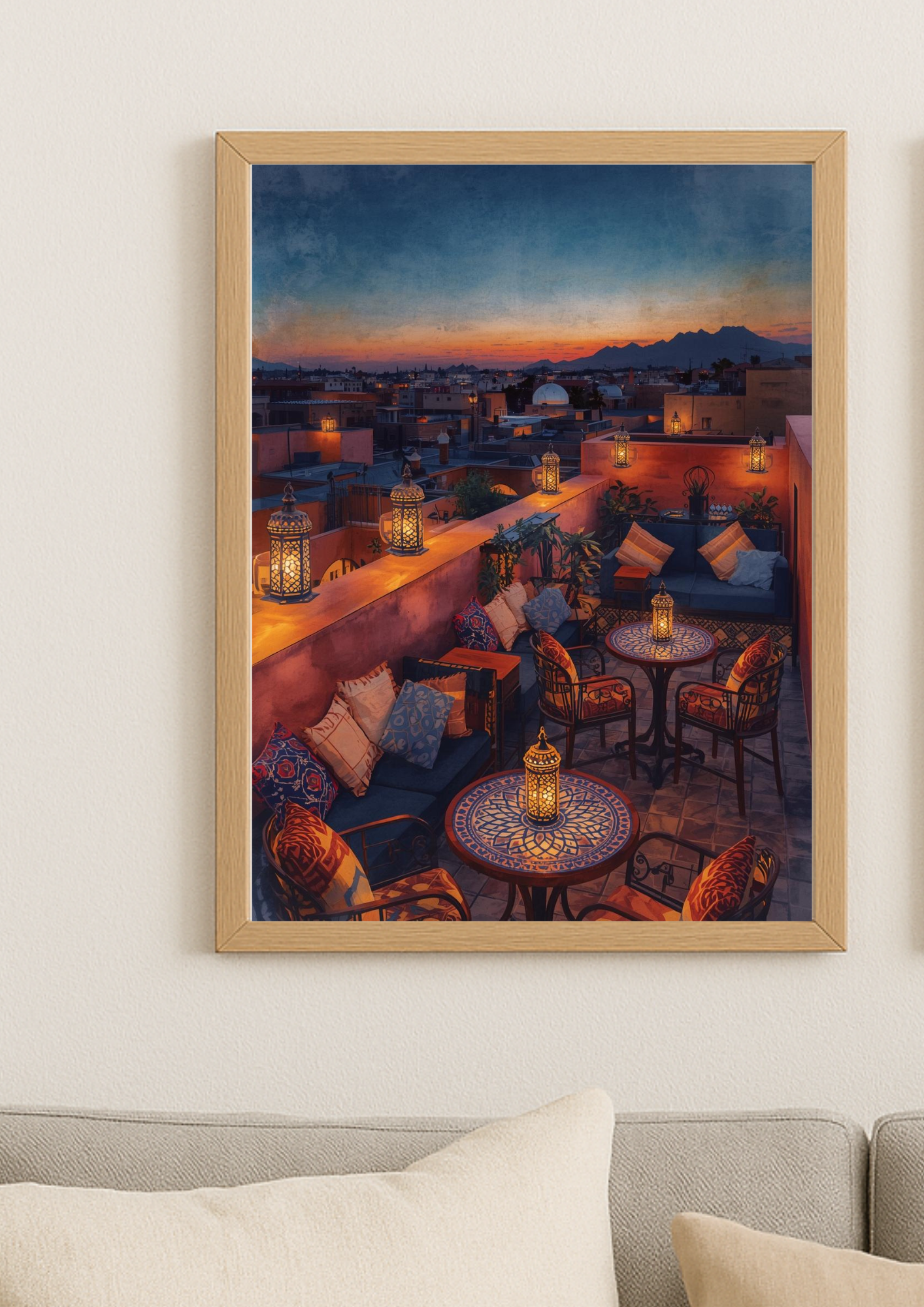 Affiche terrasse orientale au coucher de soleil – lanternes et médina