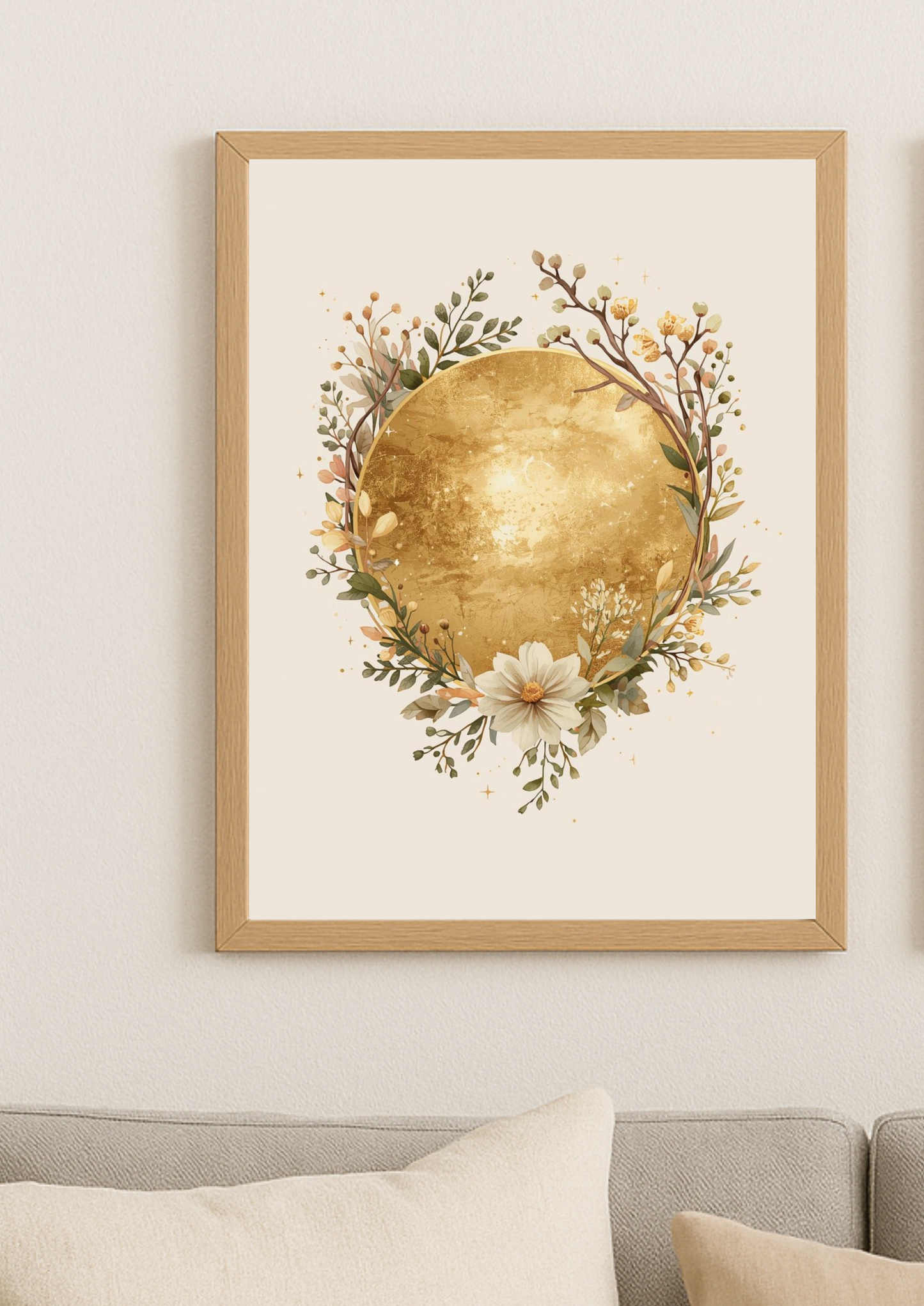 Affiche lune dorée florale – décoration murale bohème élégante - art mural mystique floral