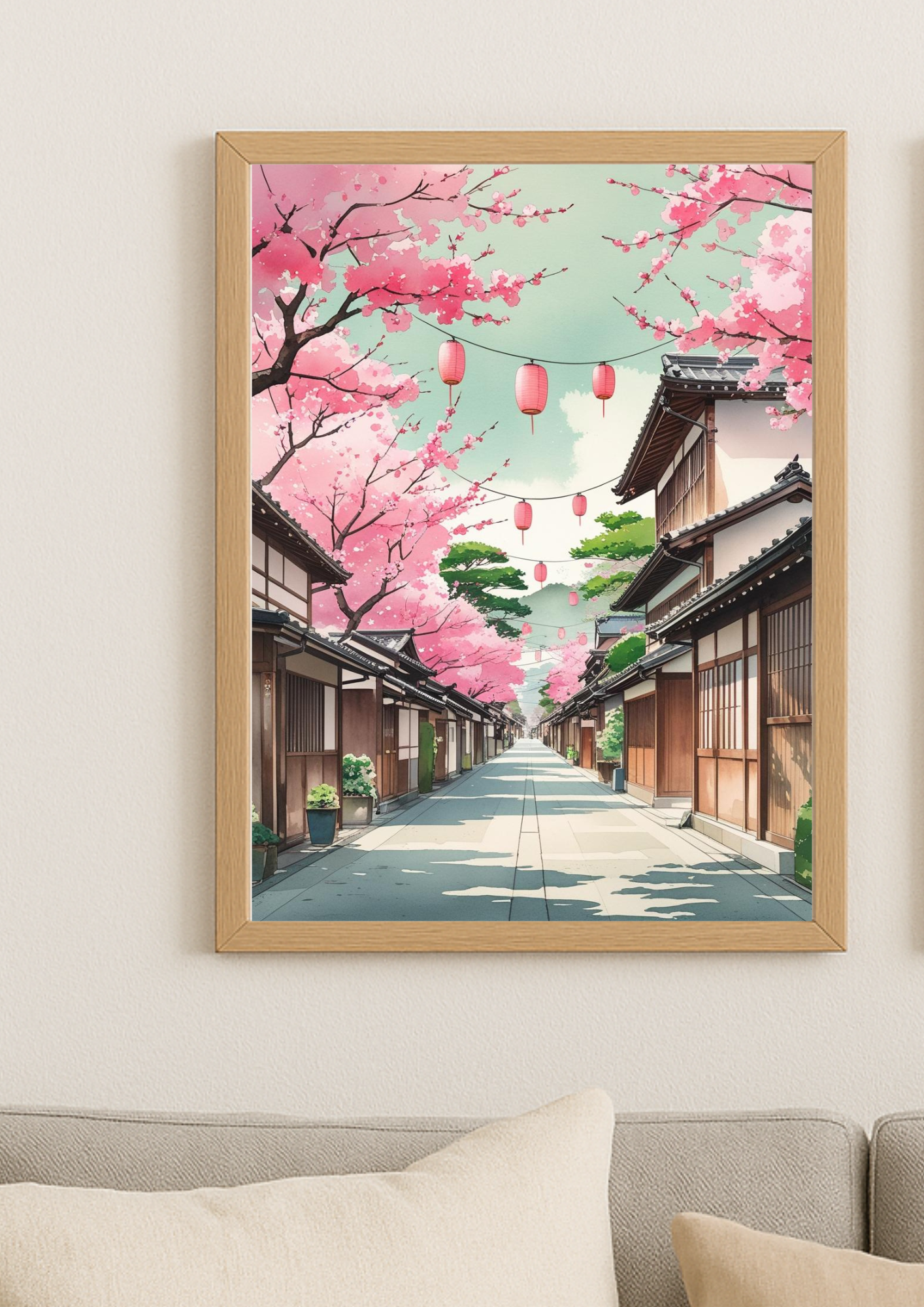 Affiche Kyoto - Rue typique Japonaise - Japon - Fleurs de cerisier - Lanterne