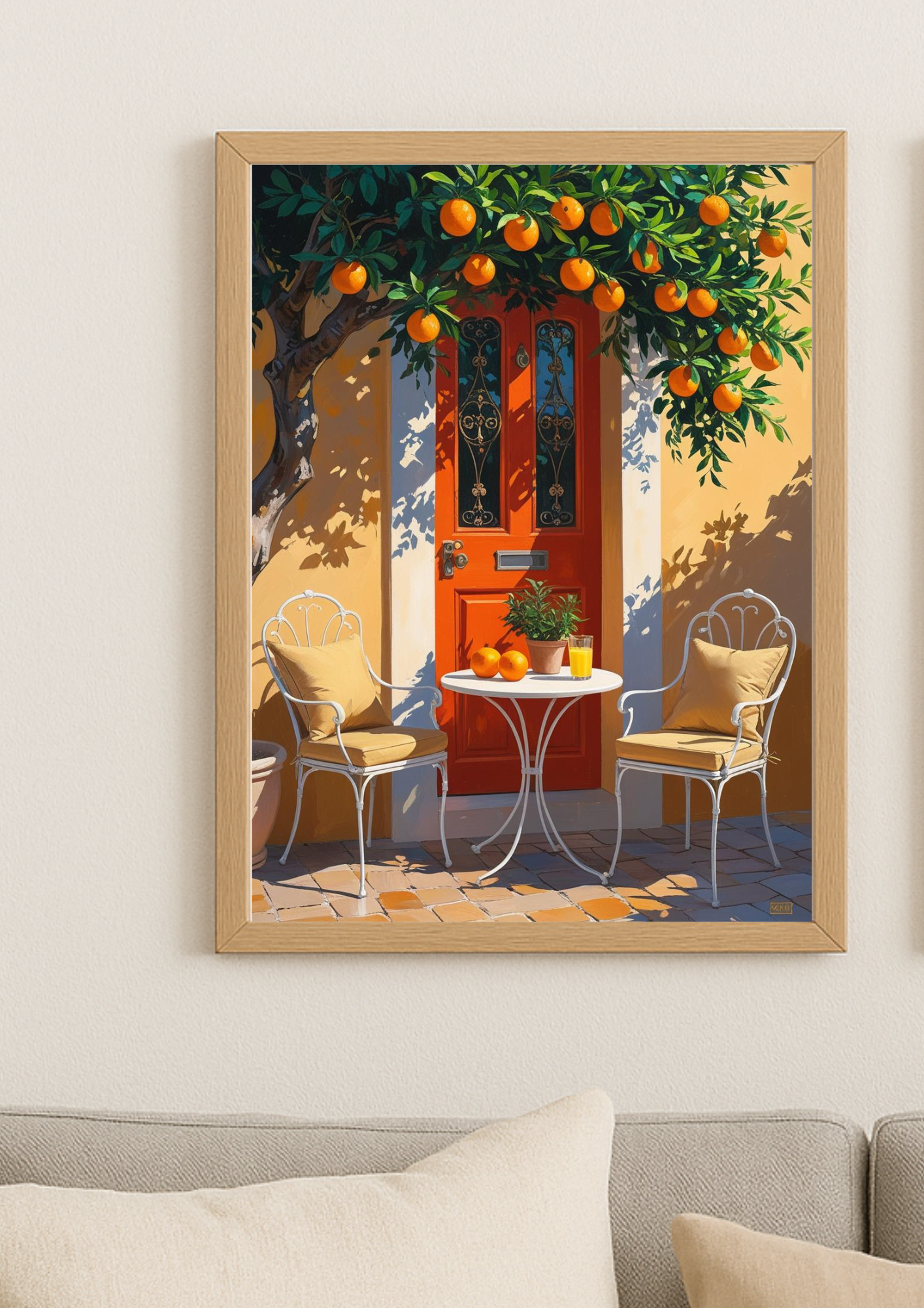 Affiche méditerranéenne – Terrasse avec porte colorée et oranger – Décoration murale