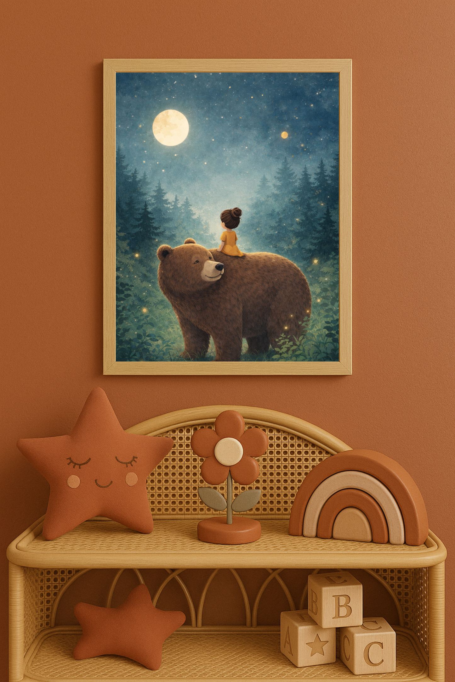 Affiche enfant fille et ours sous la lune – illustration chambre bébé - Univers poétique et minimaliste
