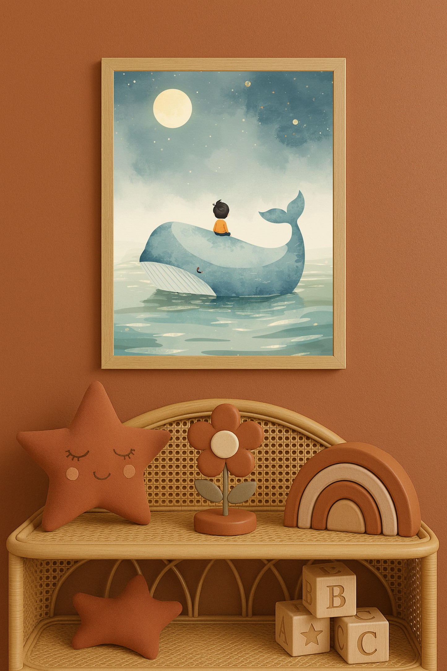 Affiche enfant et baleine sous la lune – illustration chambre bébé - Univers poétique et minimaliste