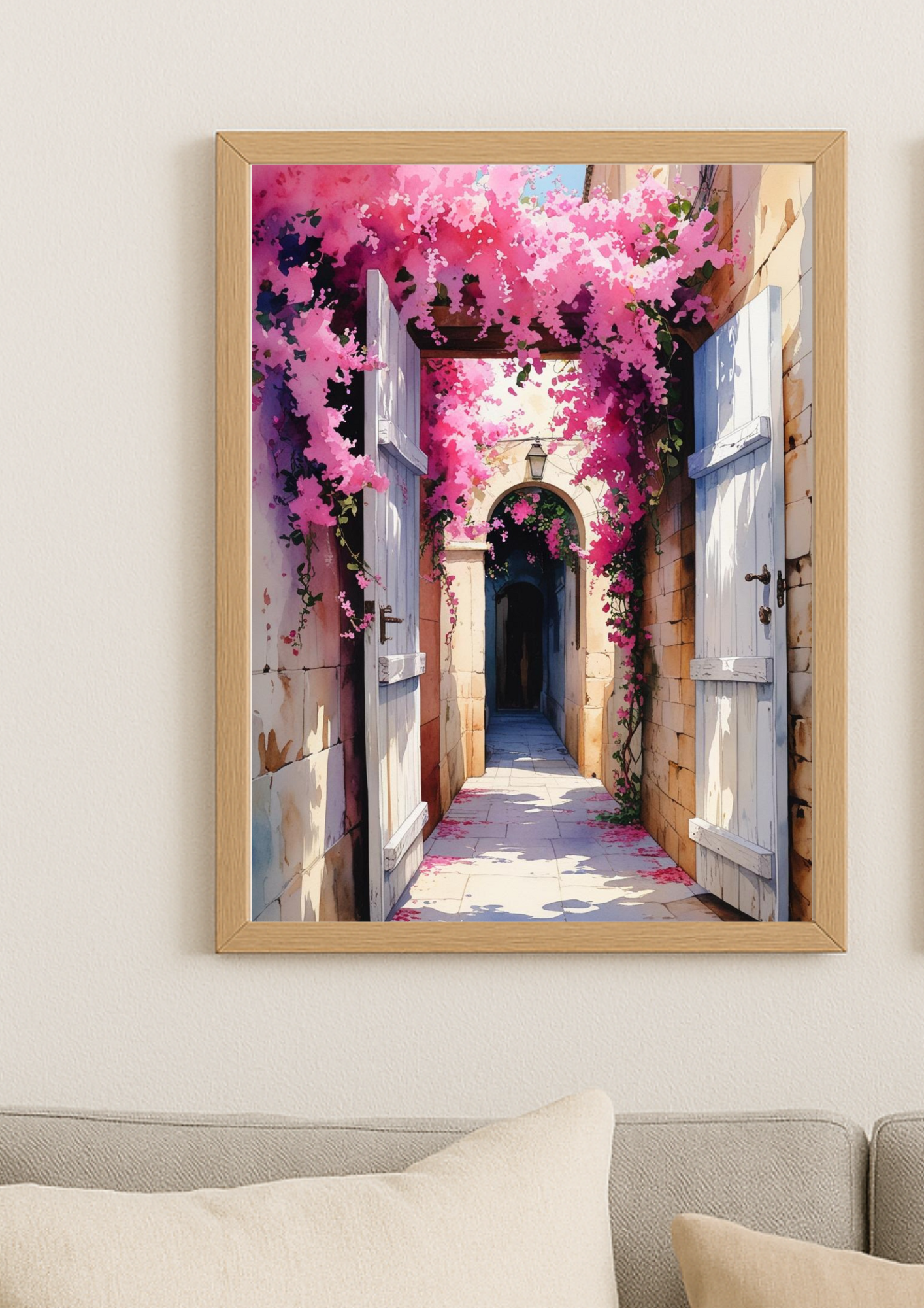 Affiche ruelle méditerranéenne aux bougainvilliers roses – décoration murale ambiance sud