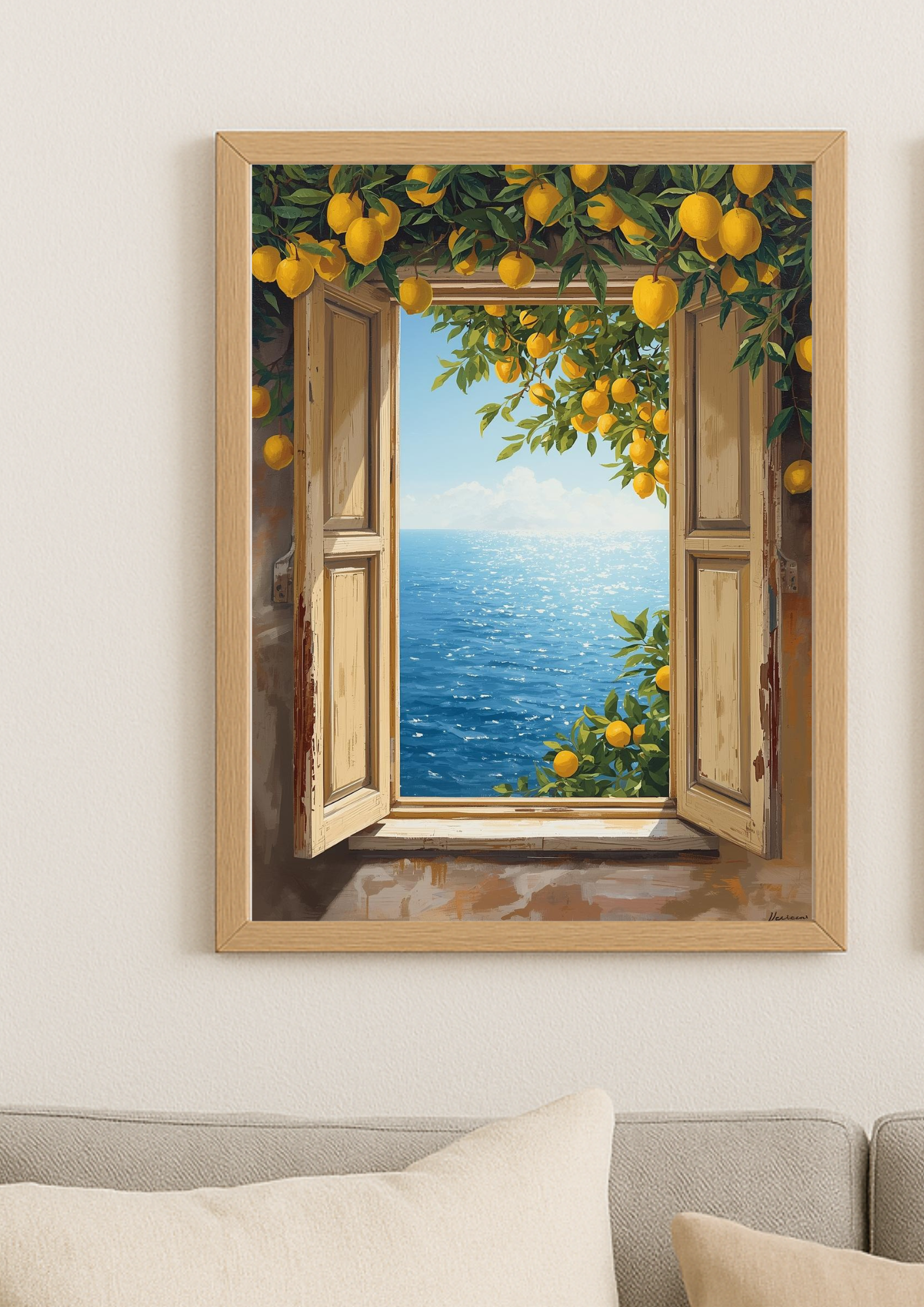 Affiche fenêtre ouverte sur la mer et citronniers – paysage méditerranéen