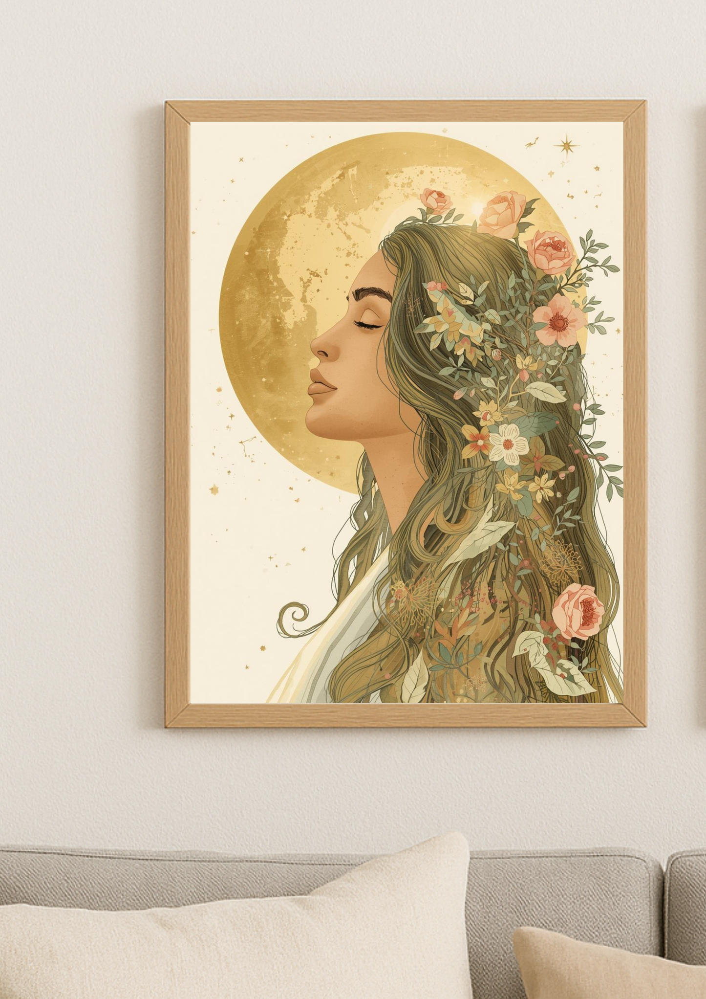 Affiche femme bohème et lune dorée – illustration florale élégante