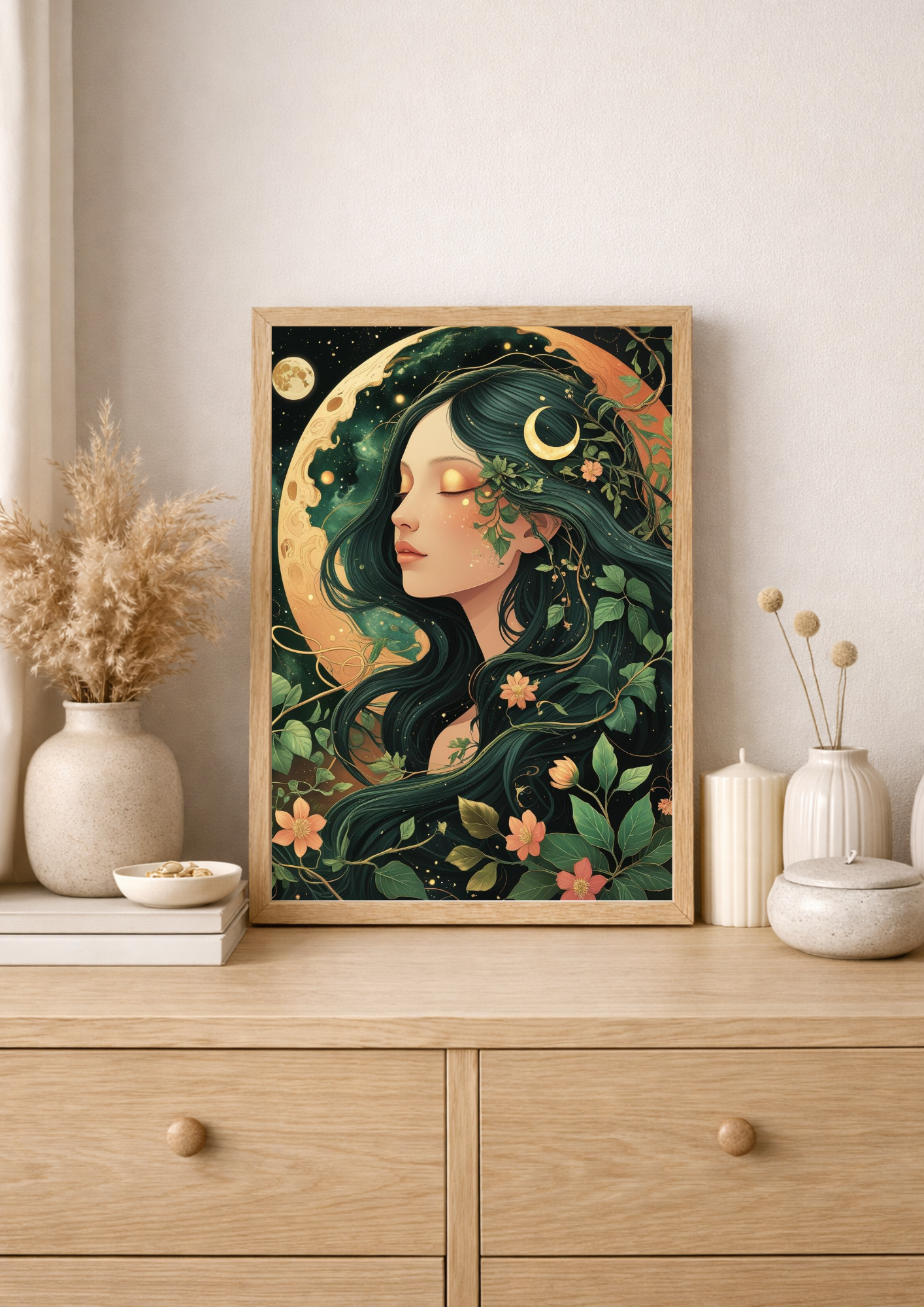 Affiche femme mystique nature – Illustration lunaire bohème – Décoration murale A4