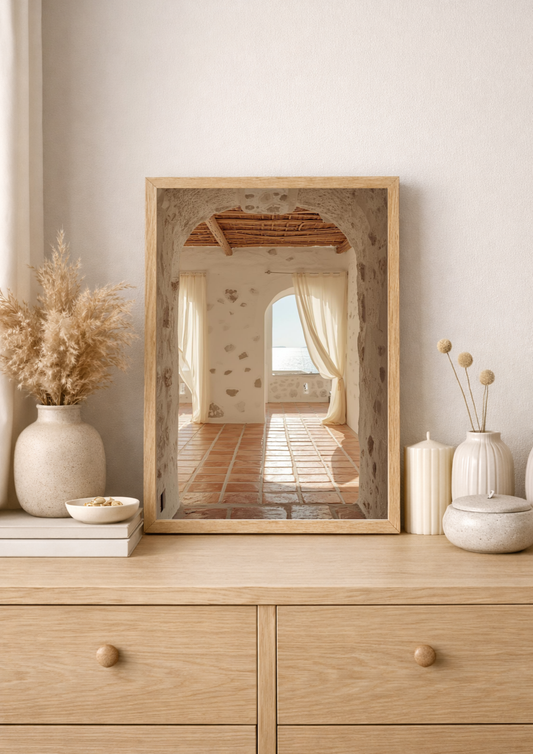 Affiche intérieur méditerranéen – Arche en pierre et vue mer – Décoration murale