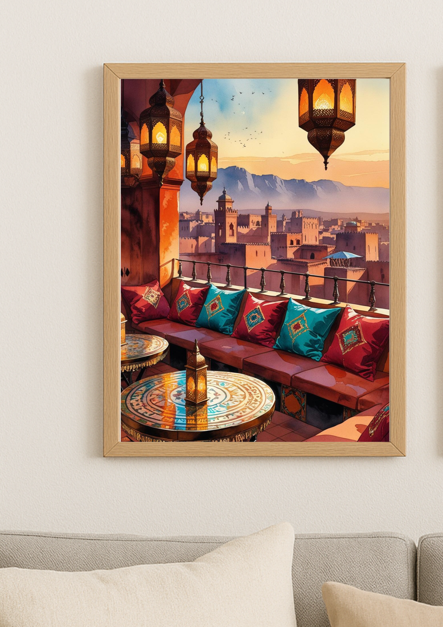 Affiche terrasse de riad marocain au coucher de soleil – lanternes orientales