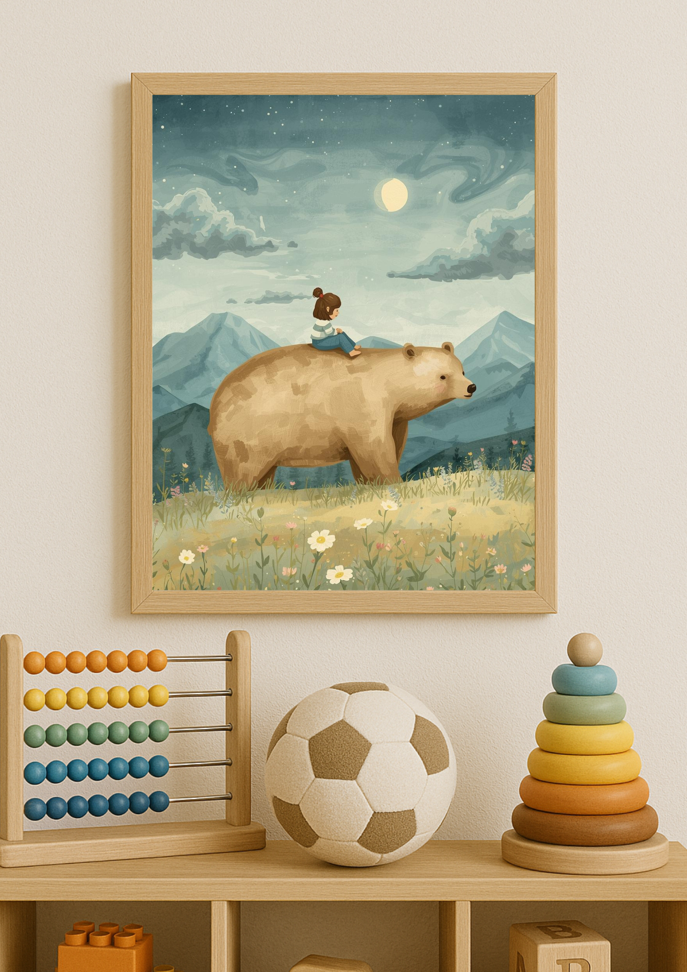 Affiche enfant et ours sous la lune – illustration chambre bébé - Univers poétique et minimaliste