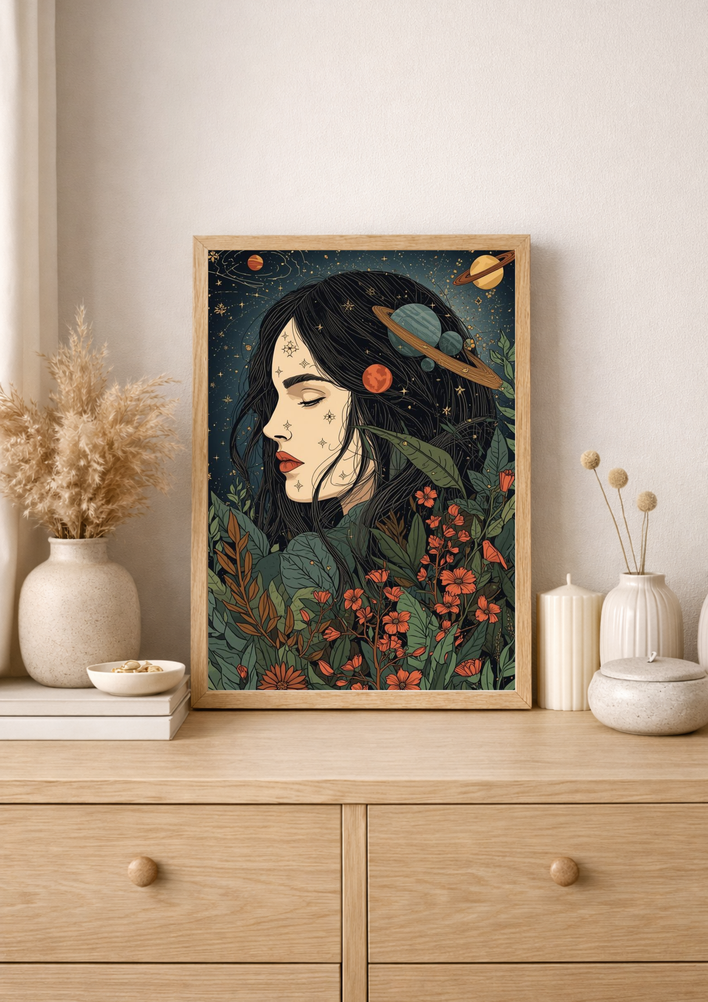 Affiche décorative femme astrale et florale – Art mural bohème – Déco murale A4 – Idée cadeau femme