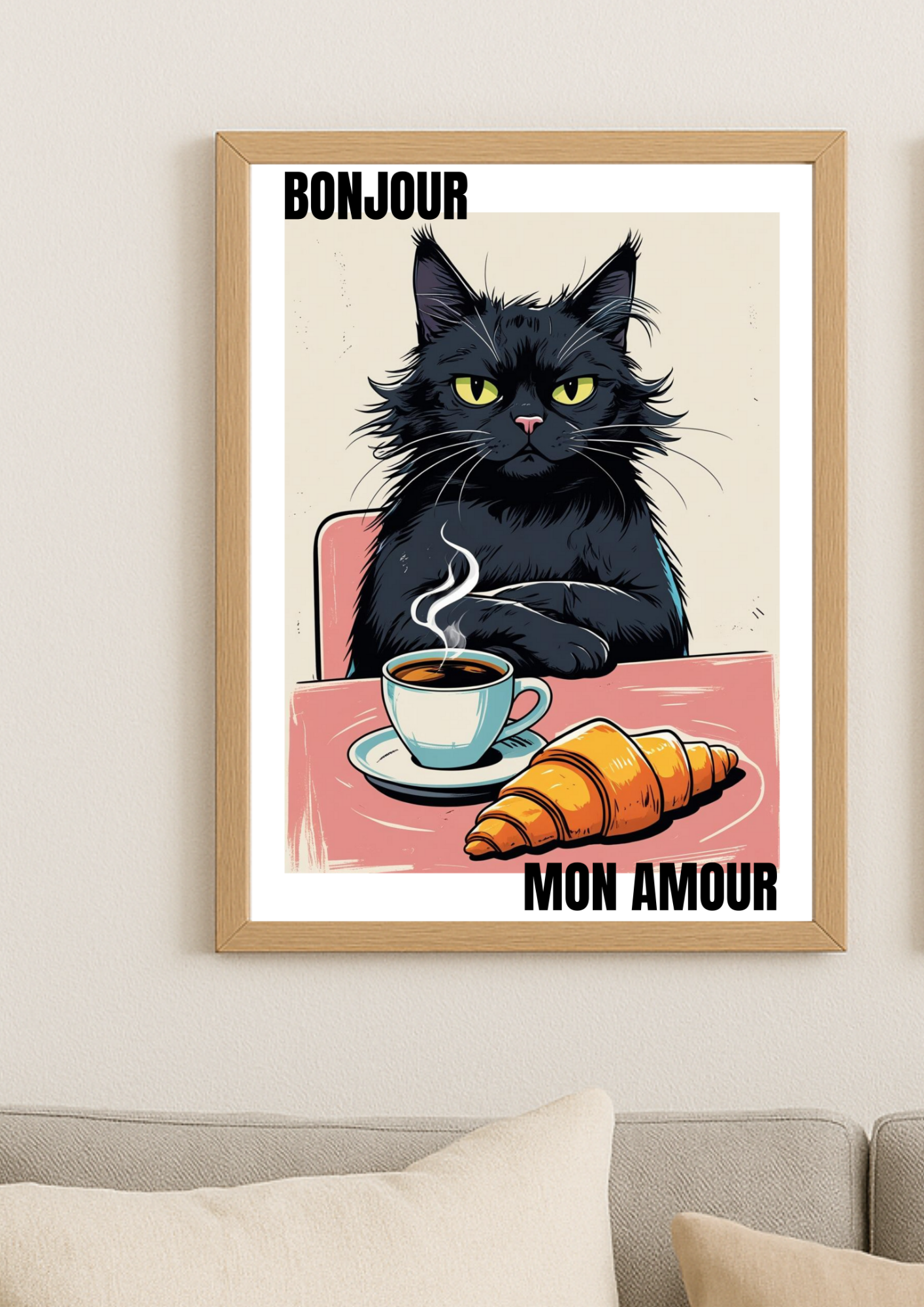 Affiche Chat Bonjour Mon Amour A4 – Poster Chat & Café | Déco Murale Cuisine