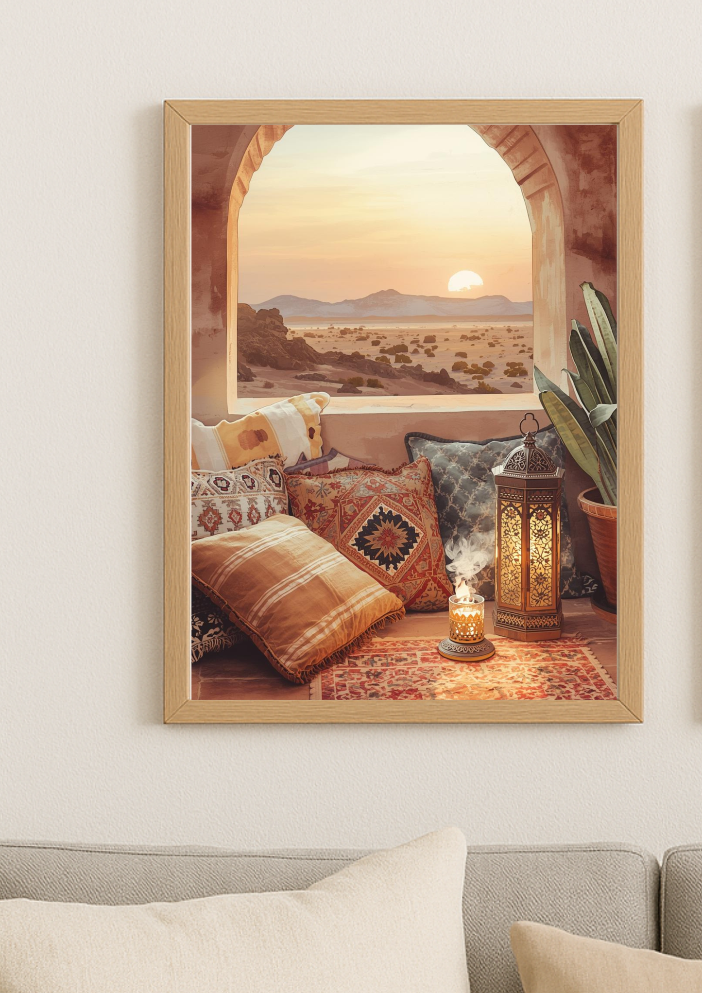 Affiche désert oriental au coucher de soleil – ambiance riad et lanterne
