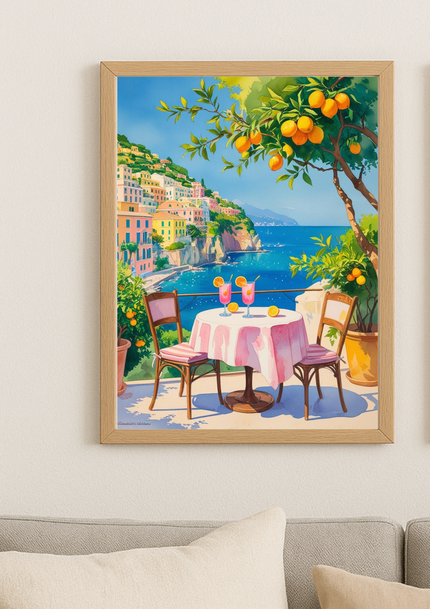 Affiche méditerranéenne – Terrasse avec vue mer, orangers et falaises – Décoration murale