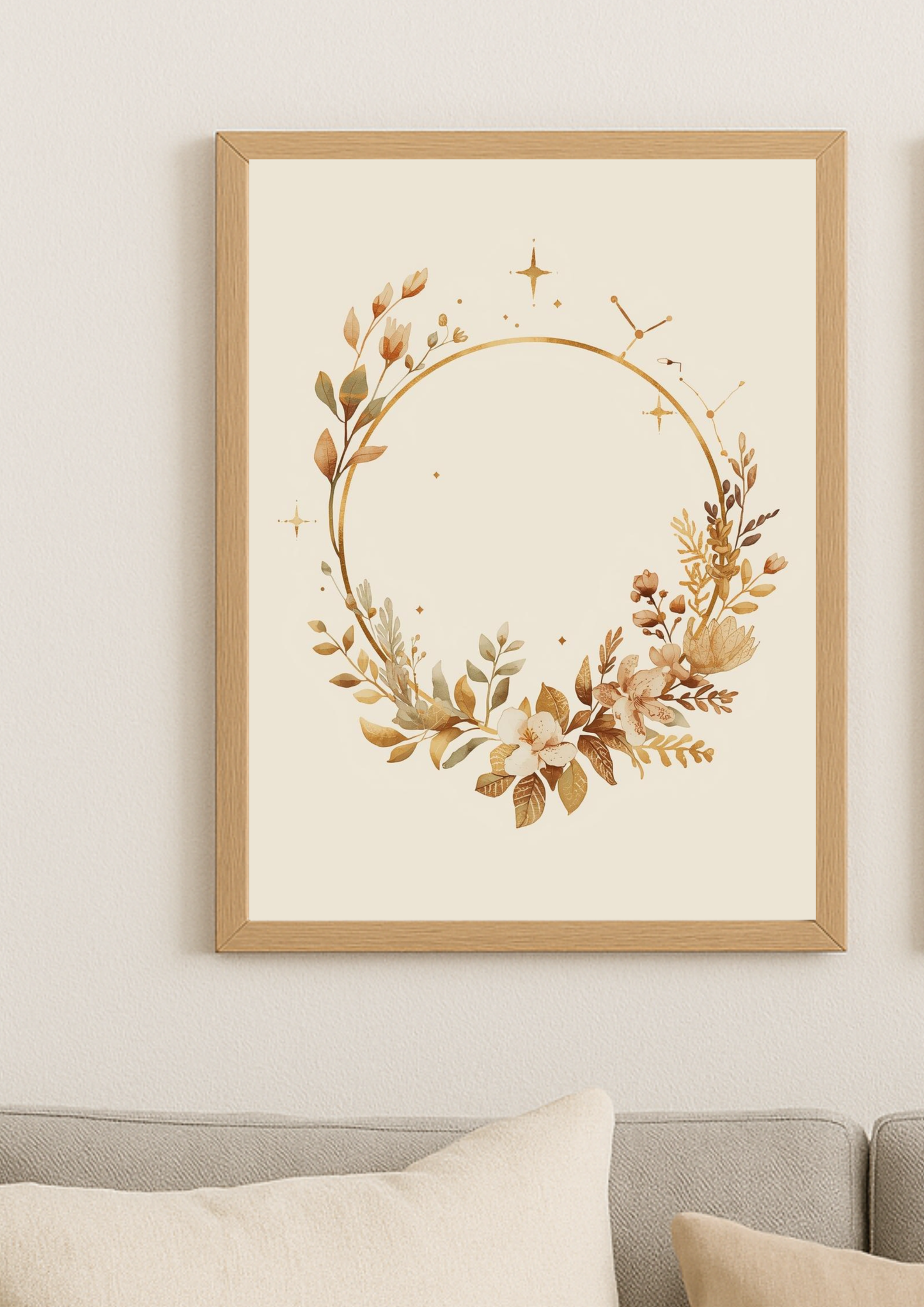 Affiche couronne florale dorée – décoration murale bohème minimaliste