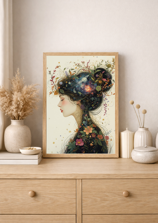 Affiche femme cosmique florale – Art mural bohème et poétique