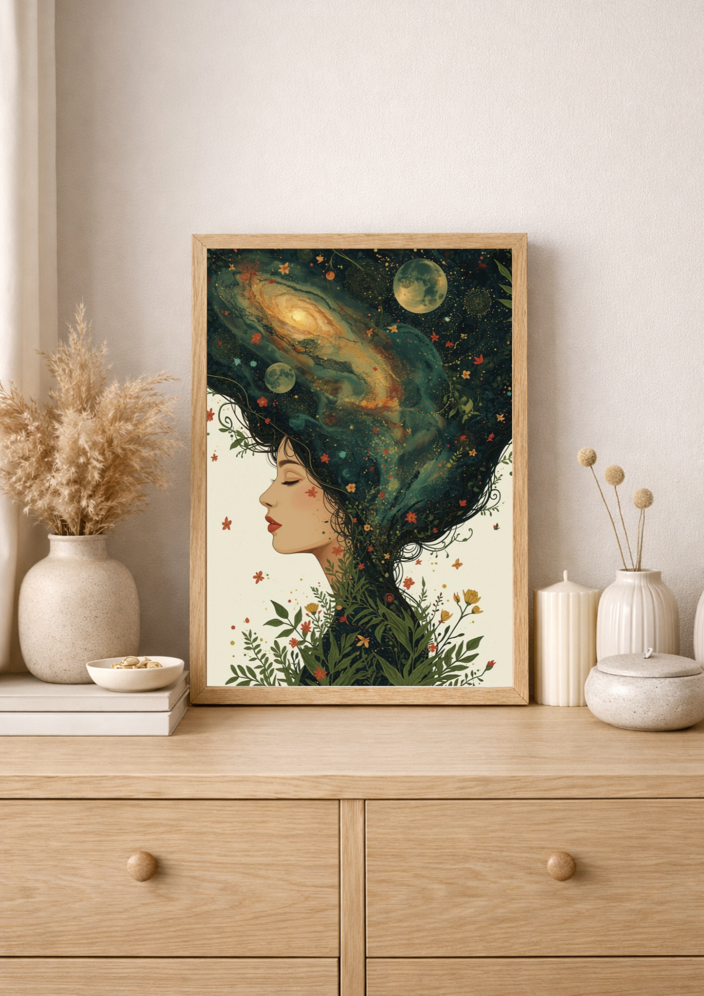 Affiche femme cosmique nature – Illustration poétique bohème