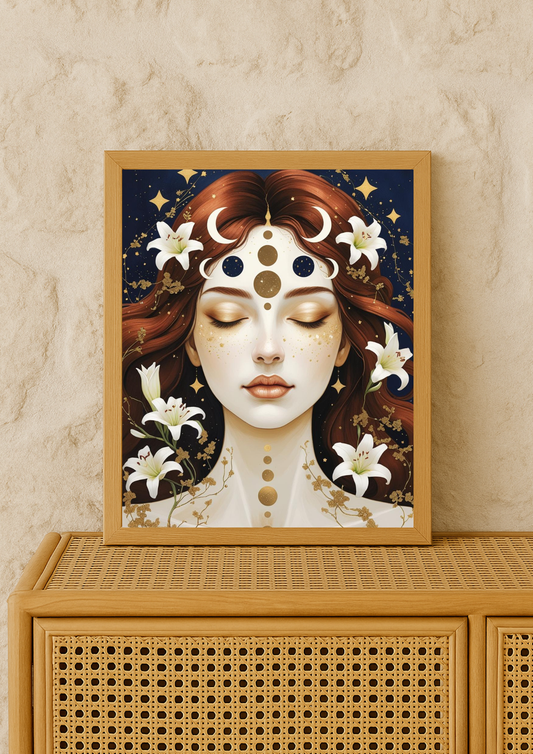 Affiche décorative femme lunaire – Art mural bohème spirituel- astrologie lune étoile soleil carte tarot planète