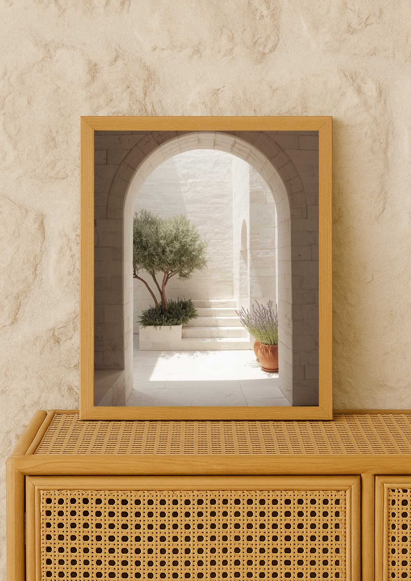 Affiche décoration murale arche en pierre avec olivier et lavande – décoration murale minimaliste beige