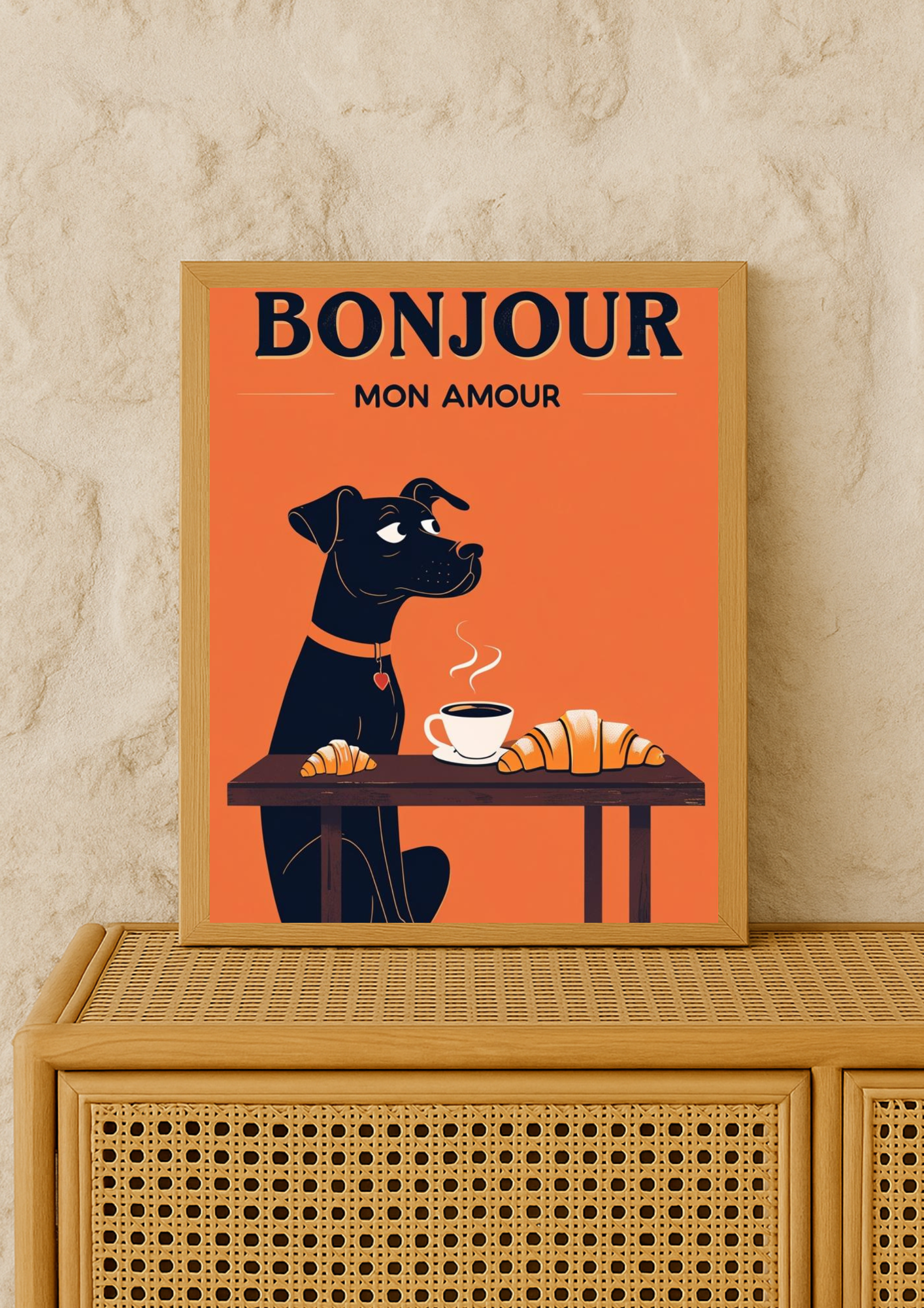 Affiche Bonjour Mon Amour A4 – Chien, Café & Croissant | Déco Murale Cuisine