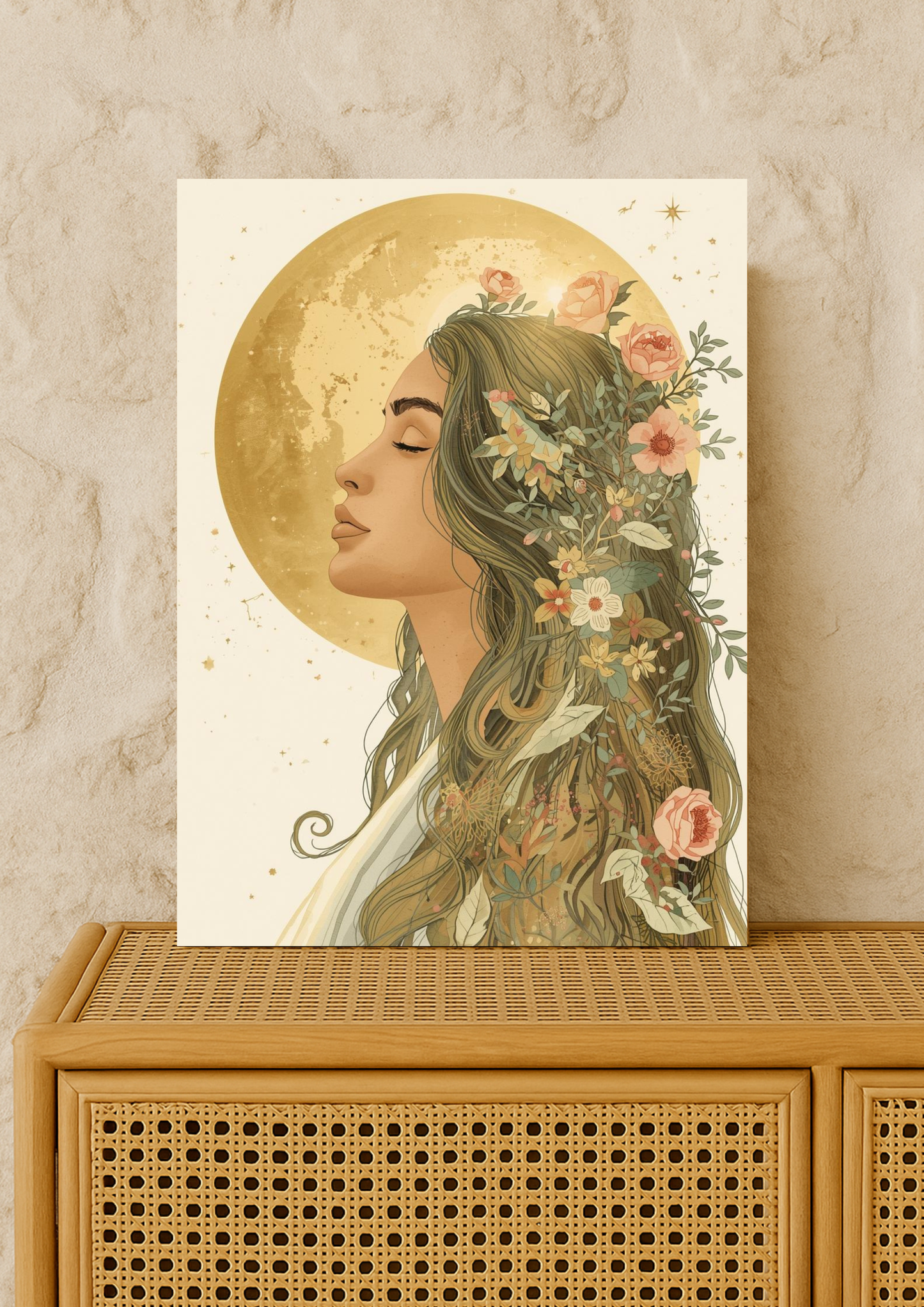 Affiche femme bohème et lune dorée – illustration florale élégante