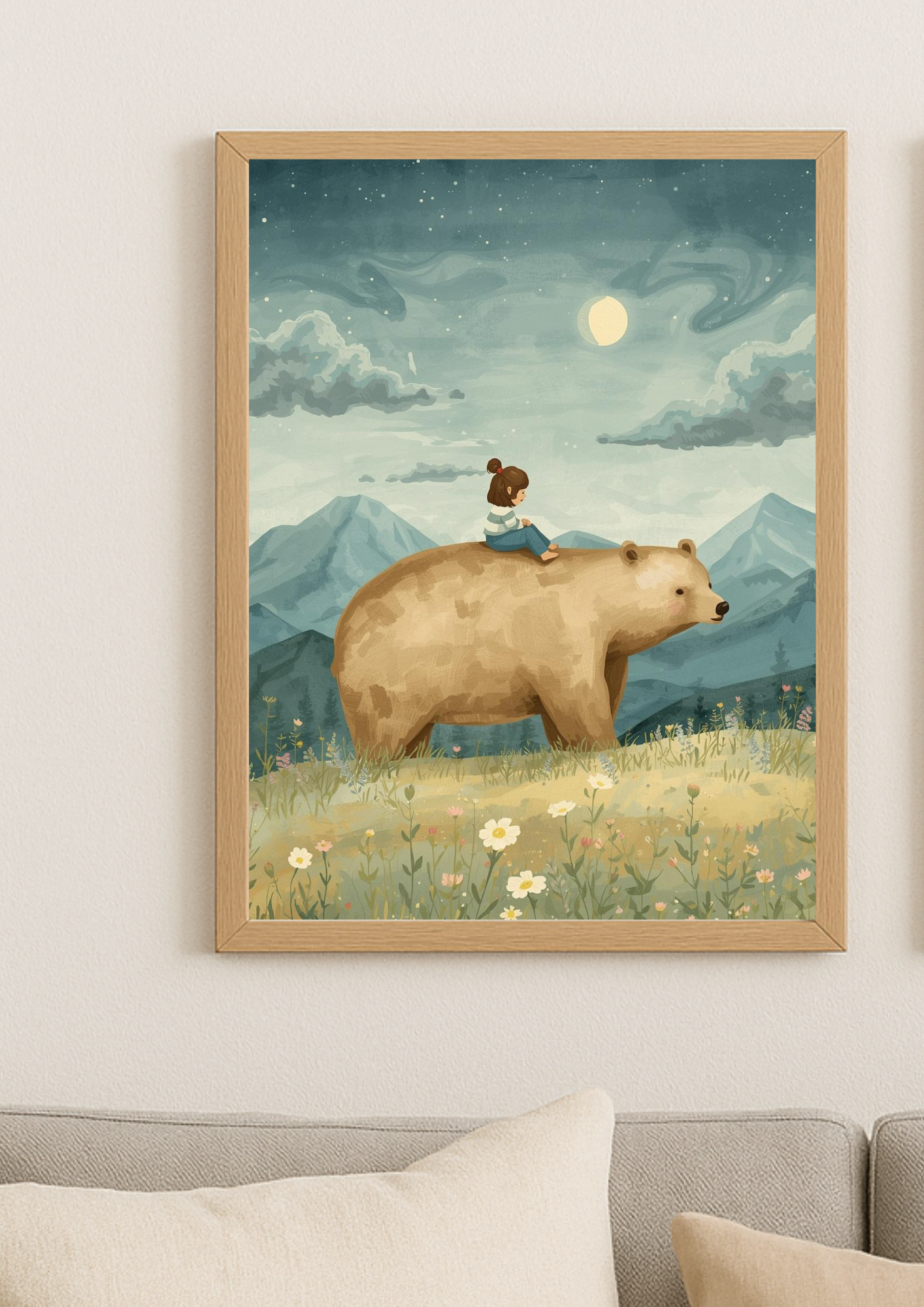 Affiche enfant et ours sous la lune – illustration chambre bébé - Univers poétique et minimaliste