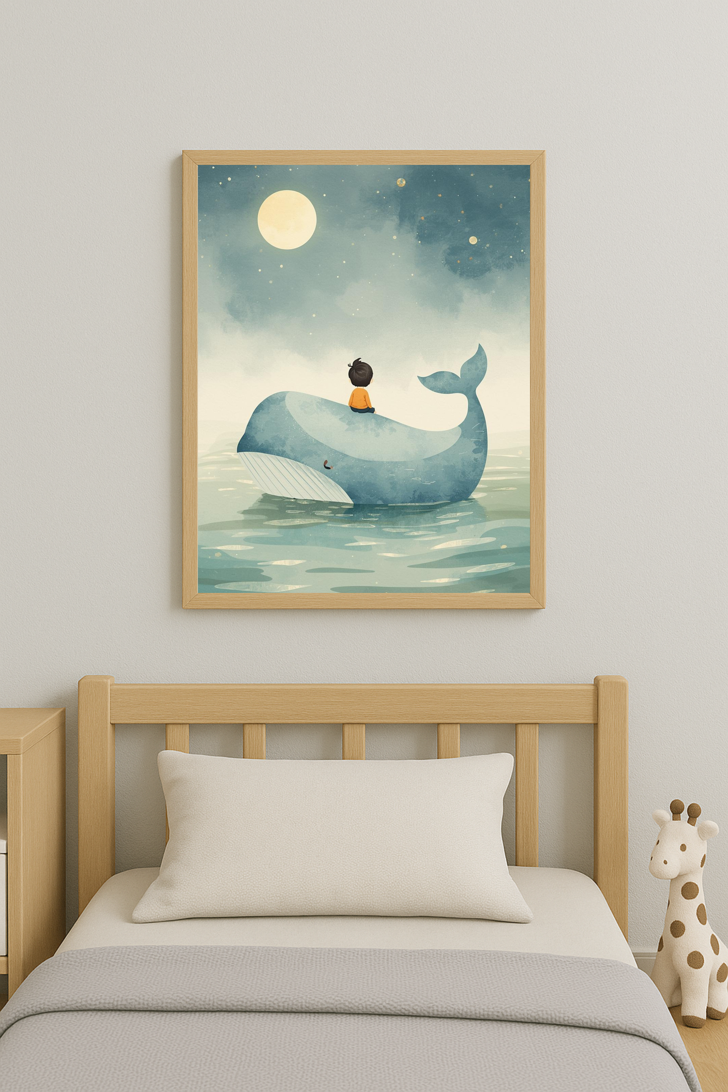 Affiche enfant et baleine sous la lune – illustration chambre bébé - Univers poétique et minimaliste