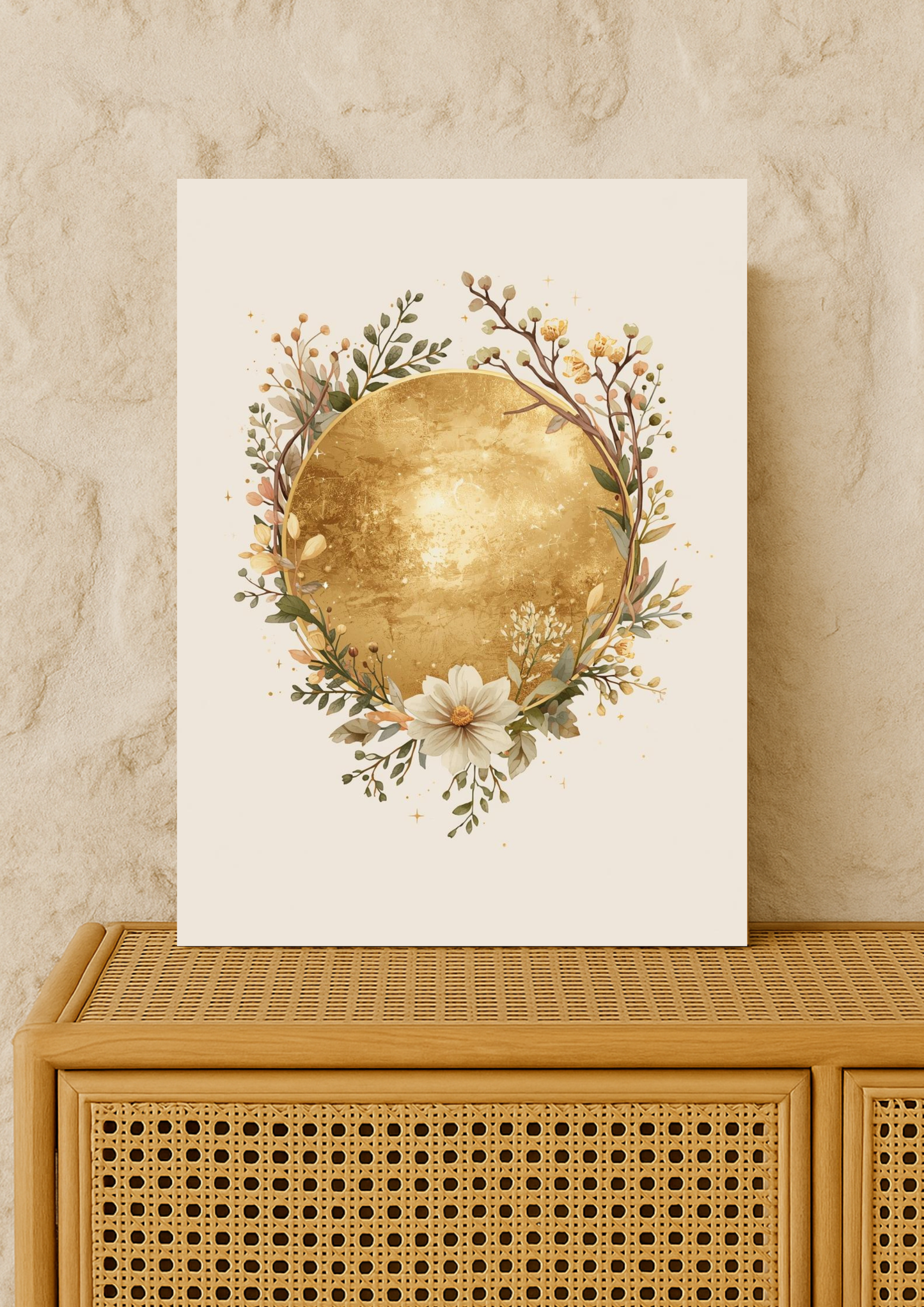 Affiche lune dorée florale – décoration murale bohème élégante - art mural mystique floral
