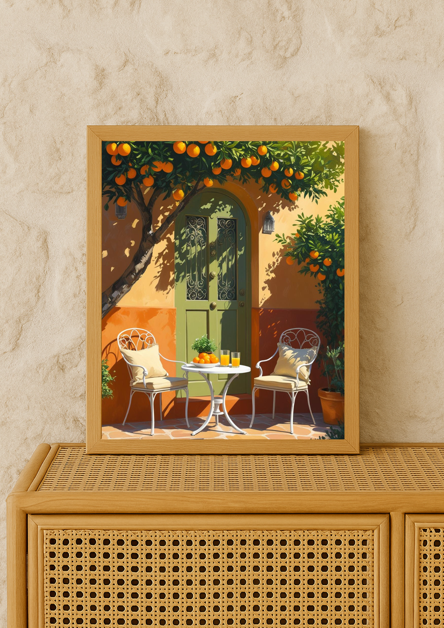 Affiche terrasse méditerranéenne – Orangers et porte verte – Décoration murale style sud