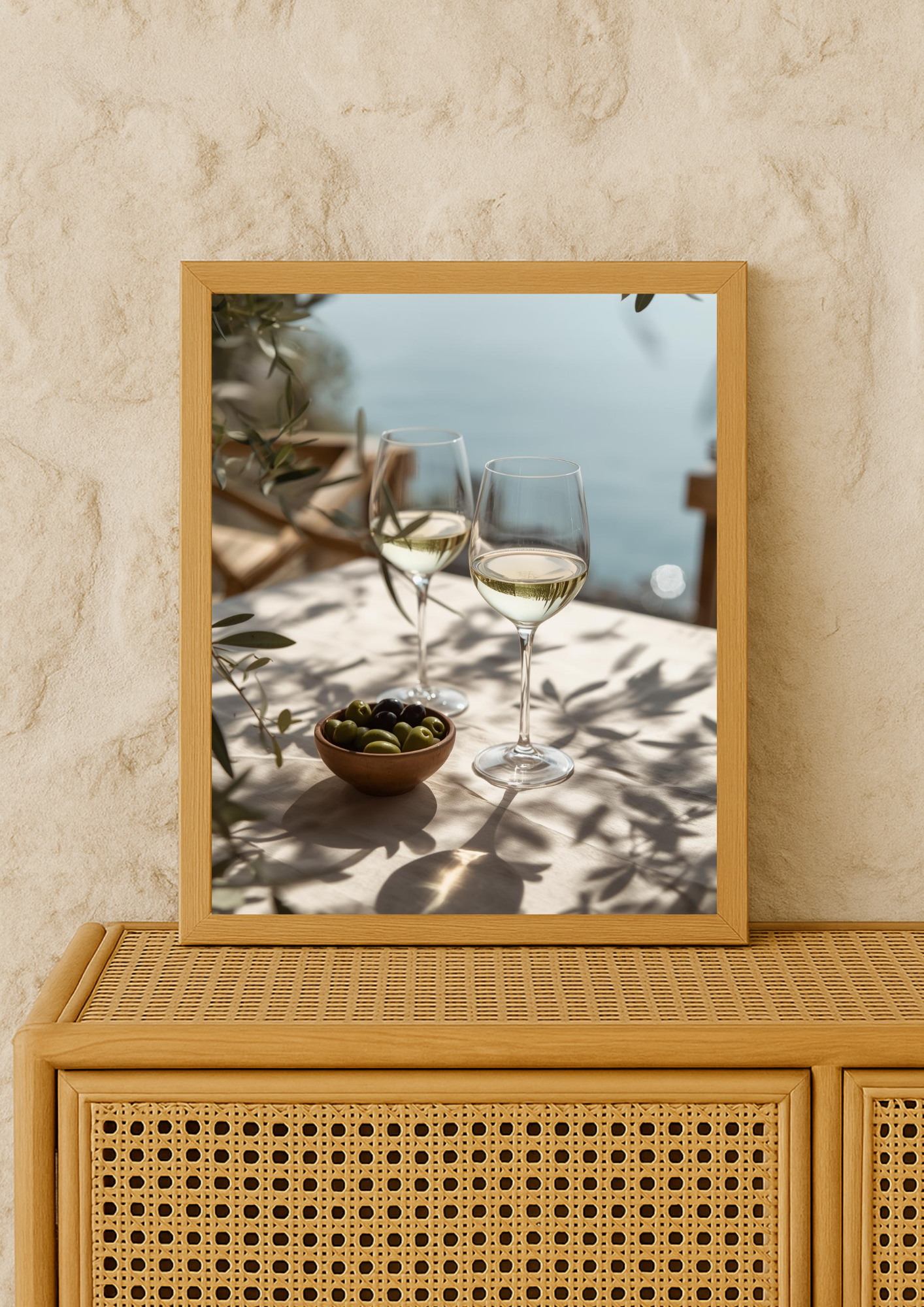 affiche méditerranéenne vin blanc et olives – poster terrasse bord de mer – décoration murale cuisine et salon
